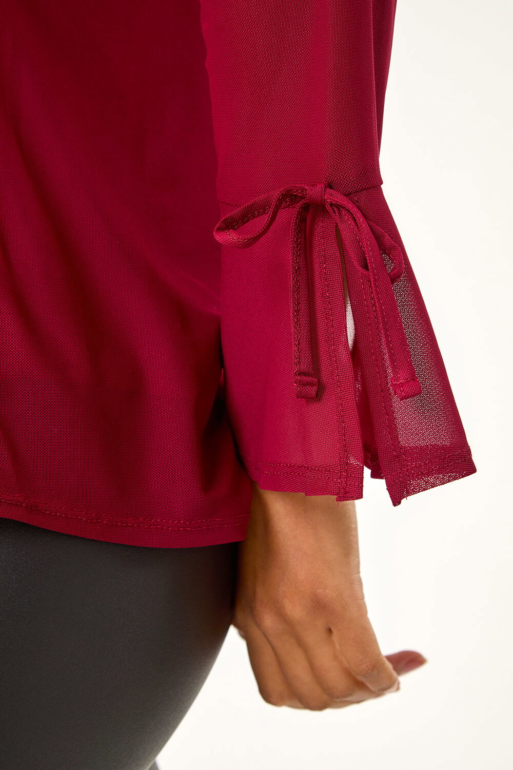 Wine V-Neck Frill Neck Tie Sleeve Mesh Top, Image 6 of 5