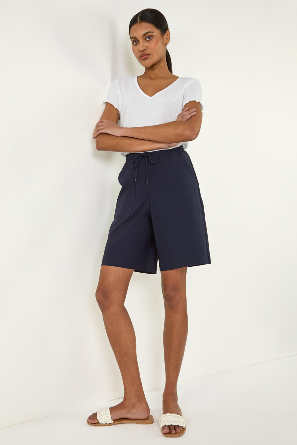 Navy Drawcord Detail Pocket Stretch Shorts | Roman UK