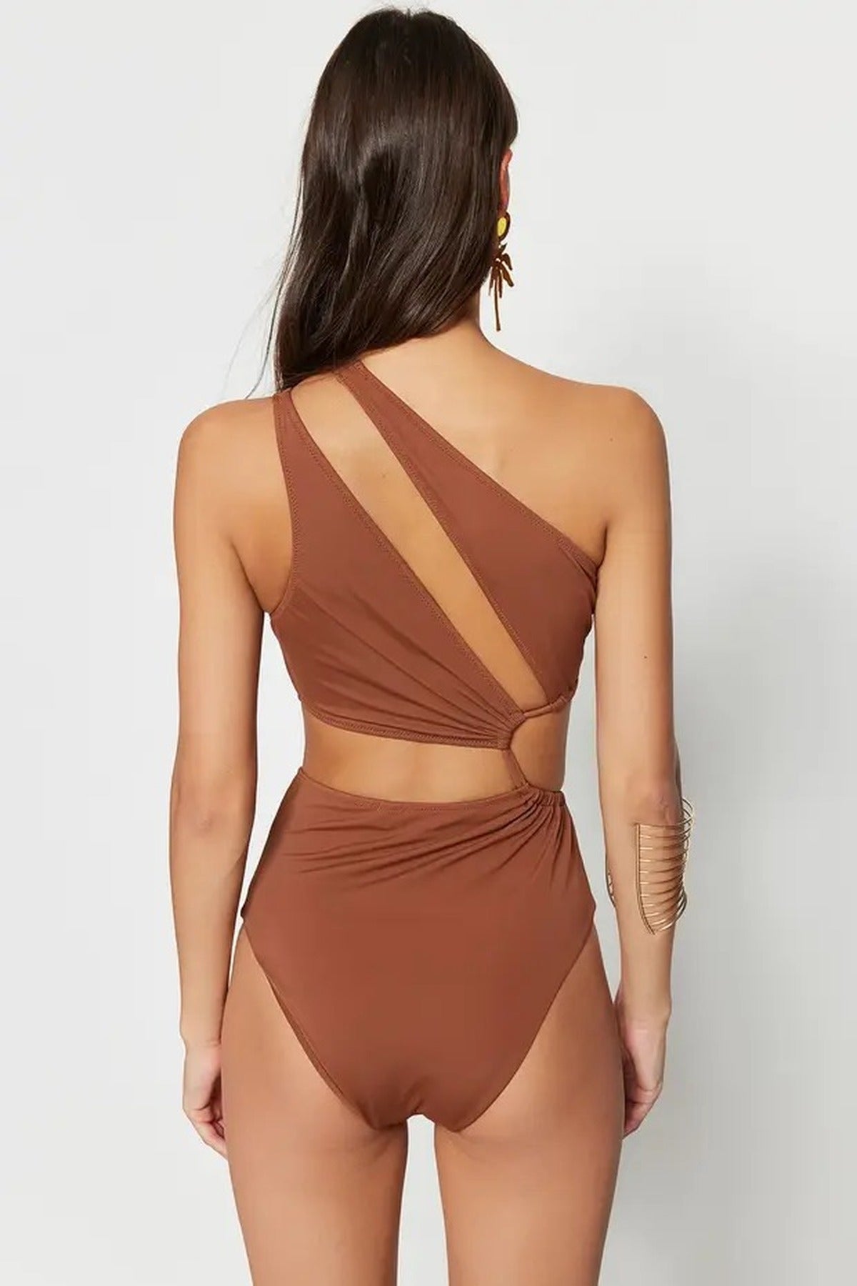 Brown One Shoulder Cut Out Detail Swimsuit, Image 3 of 3