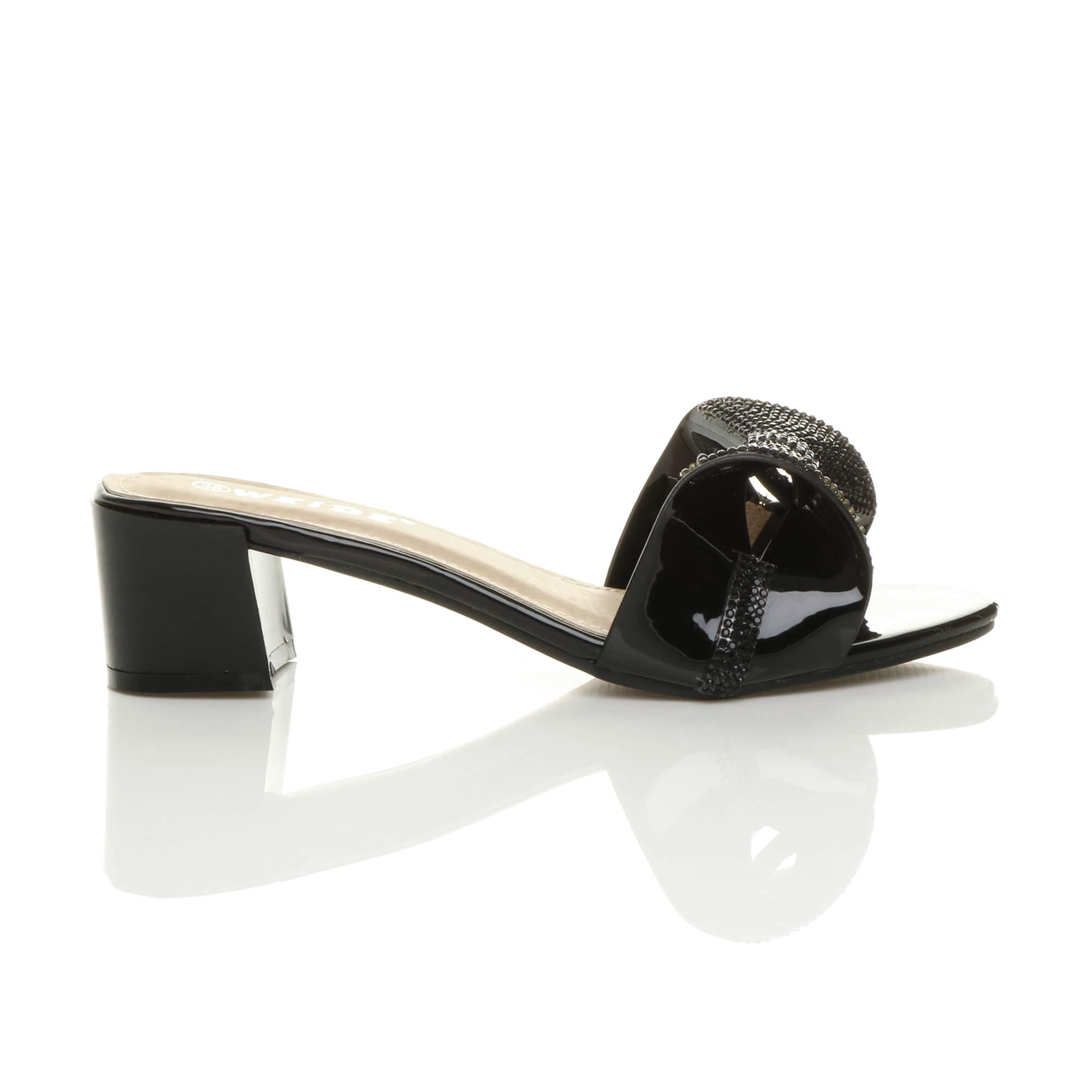 Mid Block Heel Diamante Bow Mules Sandals, Image 2 of 8
