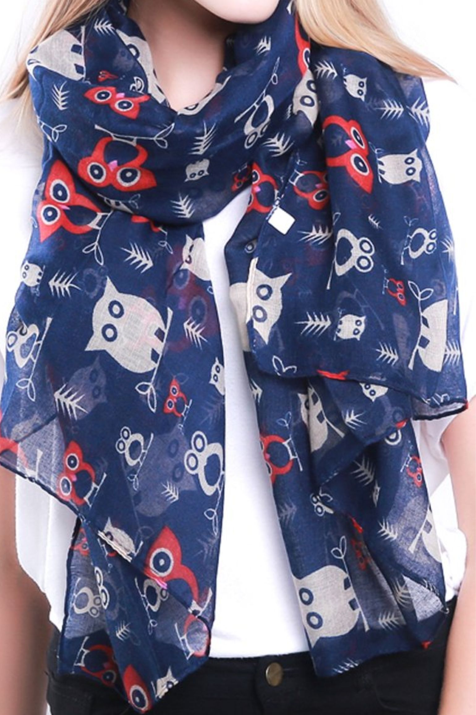 Navy Blue Owl Lightweight Scarf, Image 1 of 3