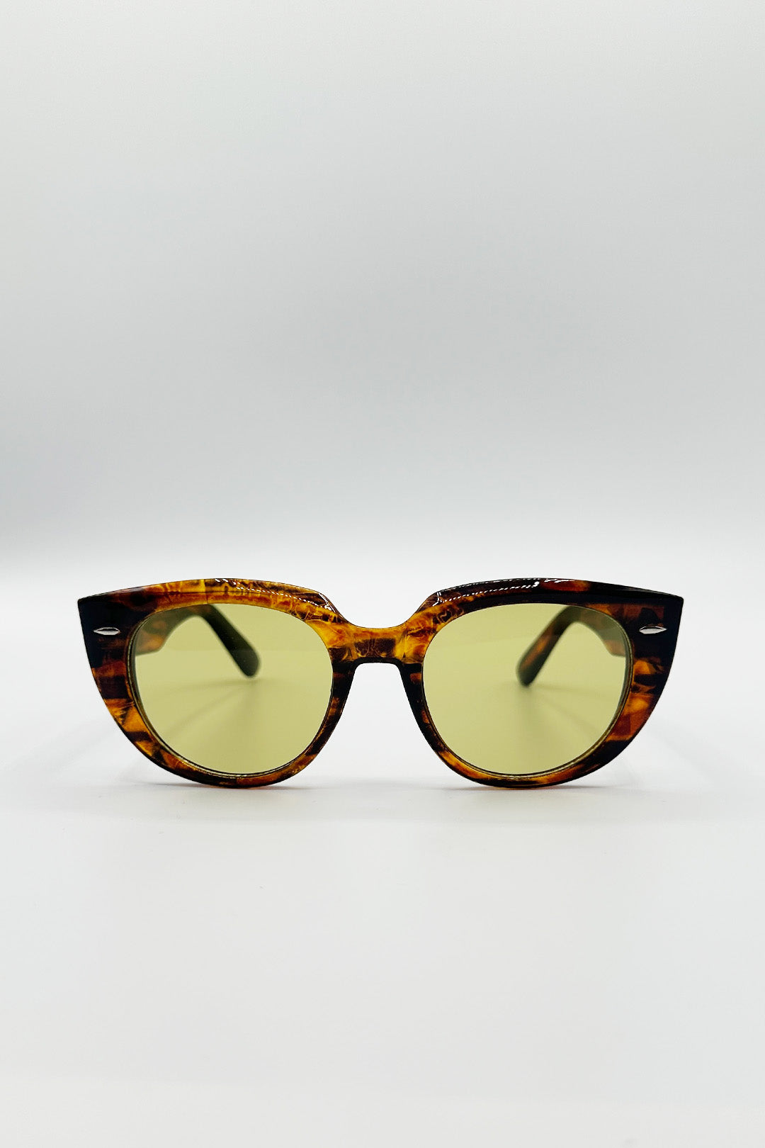Brown SVNX Brown Round Stripe Cat Eye Sunglasses In Brown Yellow, Image 2 of 4