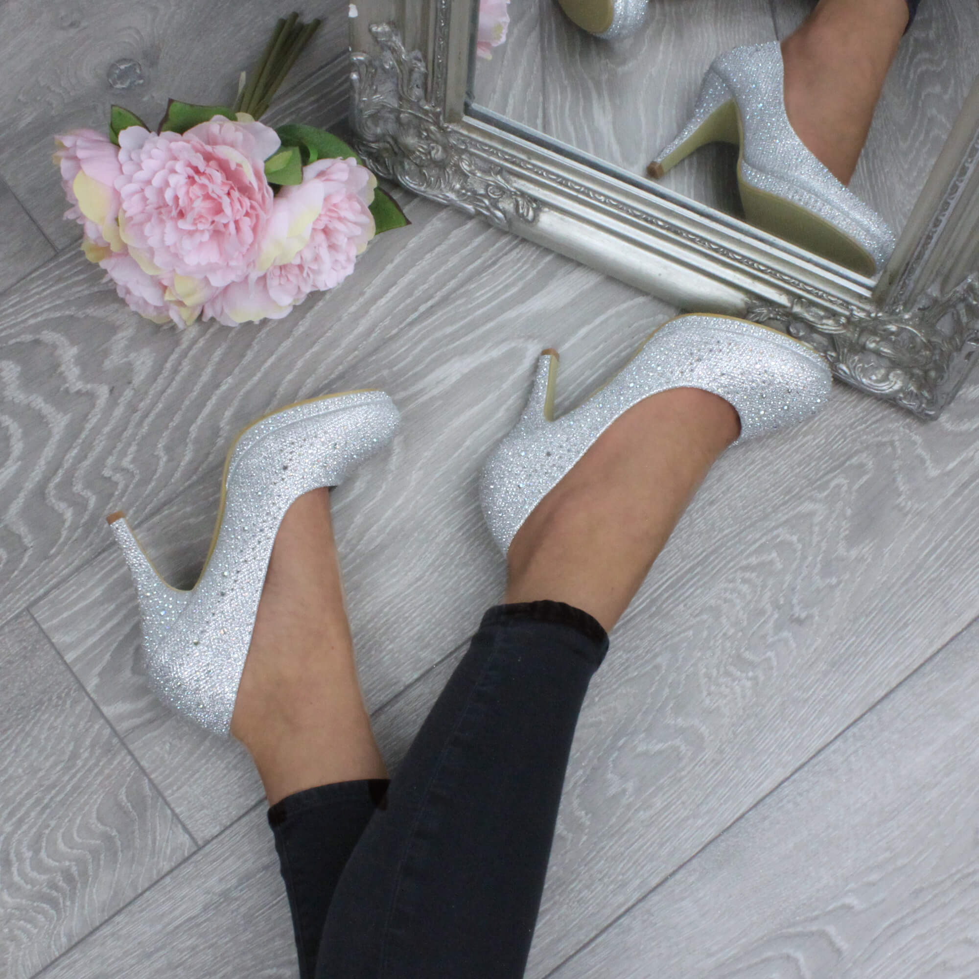 Silver High Heel Diamante Court Shoes, Image 5 of 6