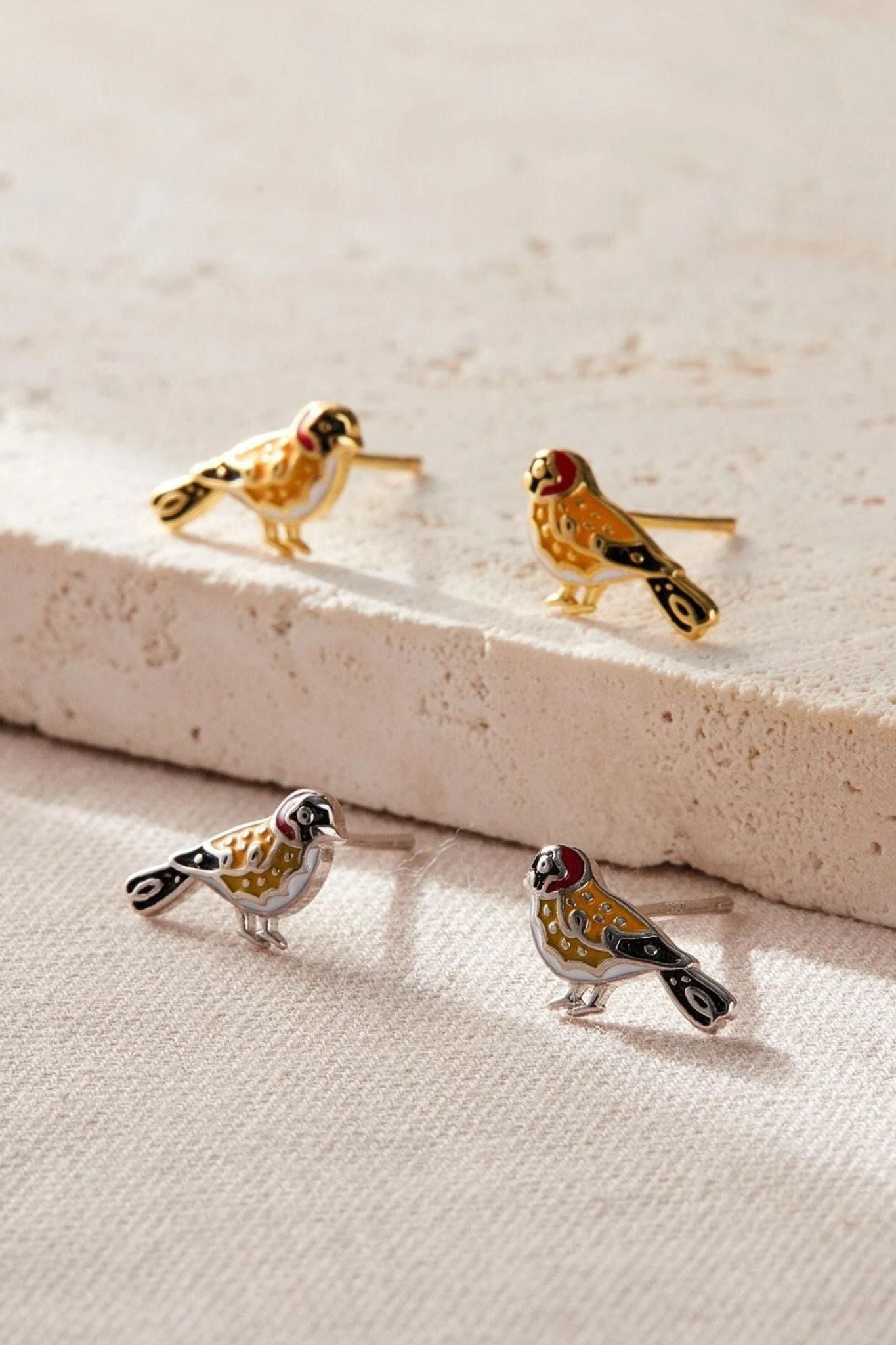 Metallic Goldfinch Birds S925 Sterling Silver Stud Earrings