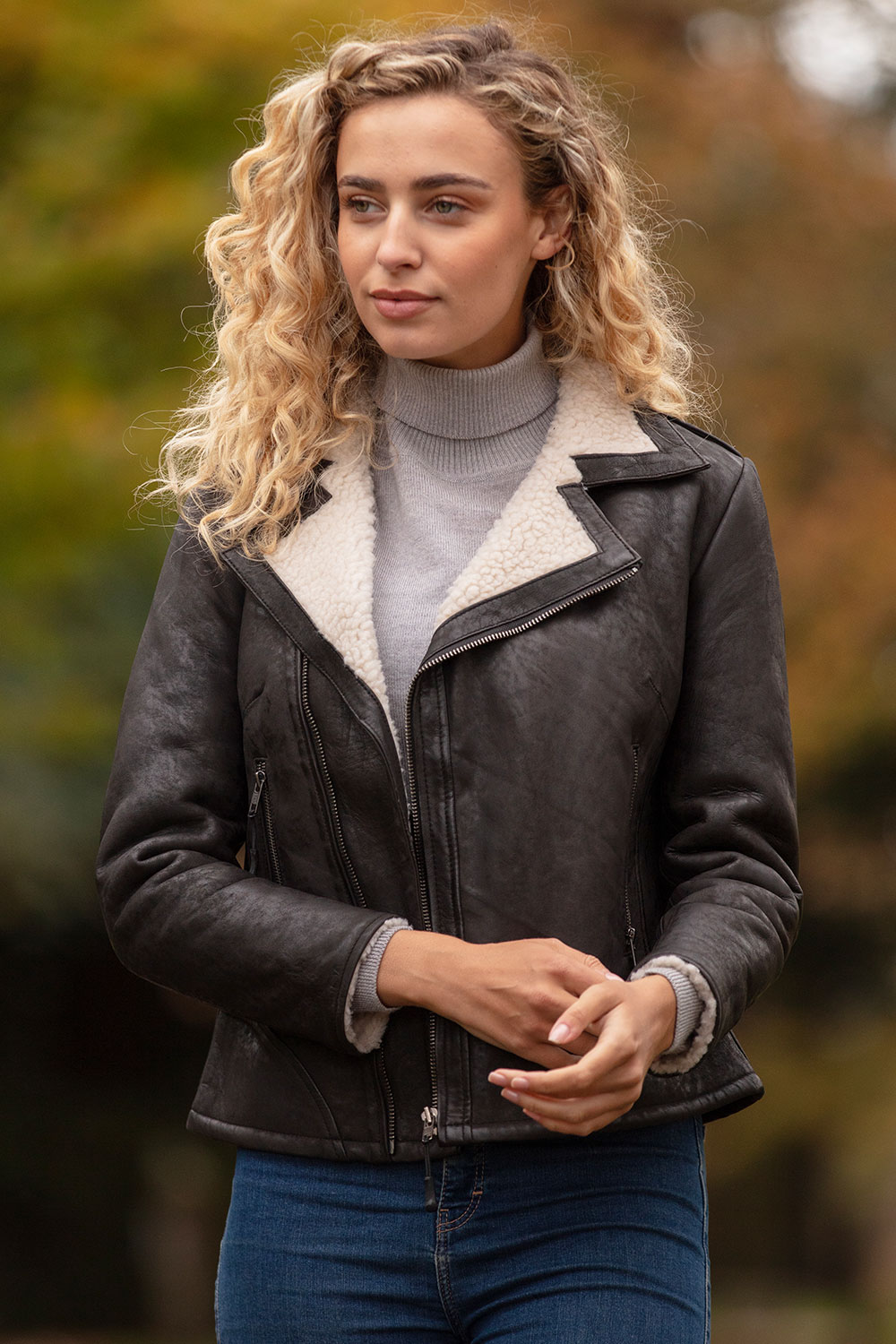 Black 'Jan' Real Leather Biker Style Jacket With Faux Fur Lining
