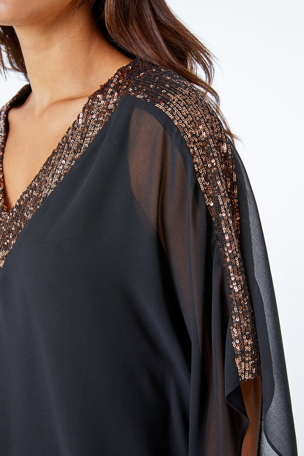 Black Sequin Embellished Trim Chiffon Overlay Top, Image 6 of 5