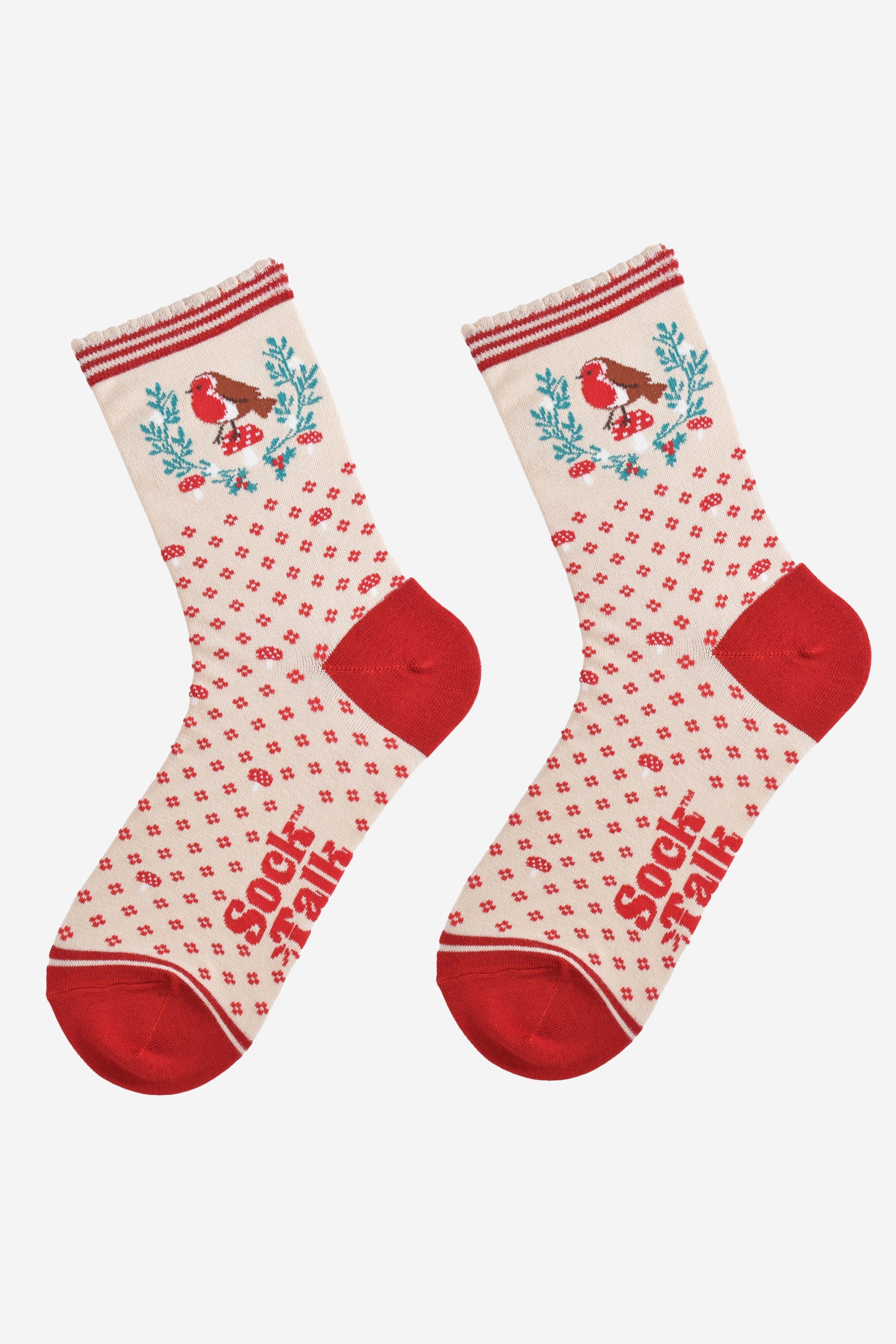 Red Christmas Robin Wreath Bamboo Socks, Image 2 of 5
