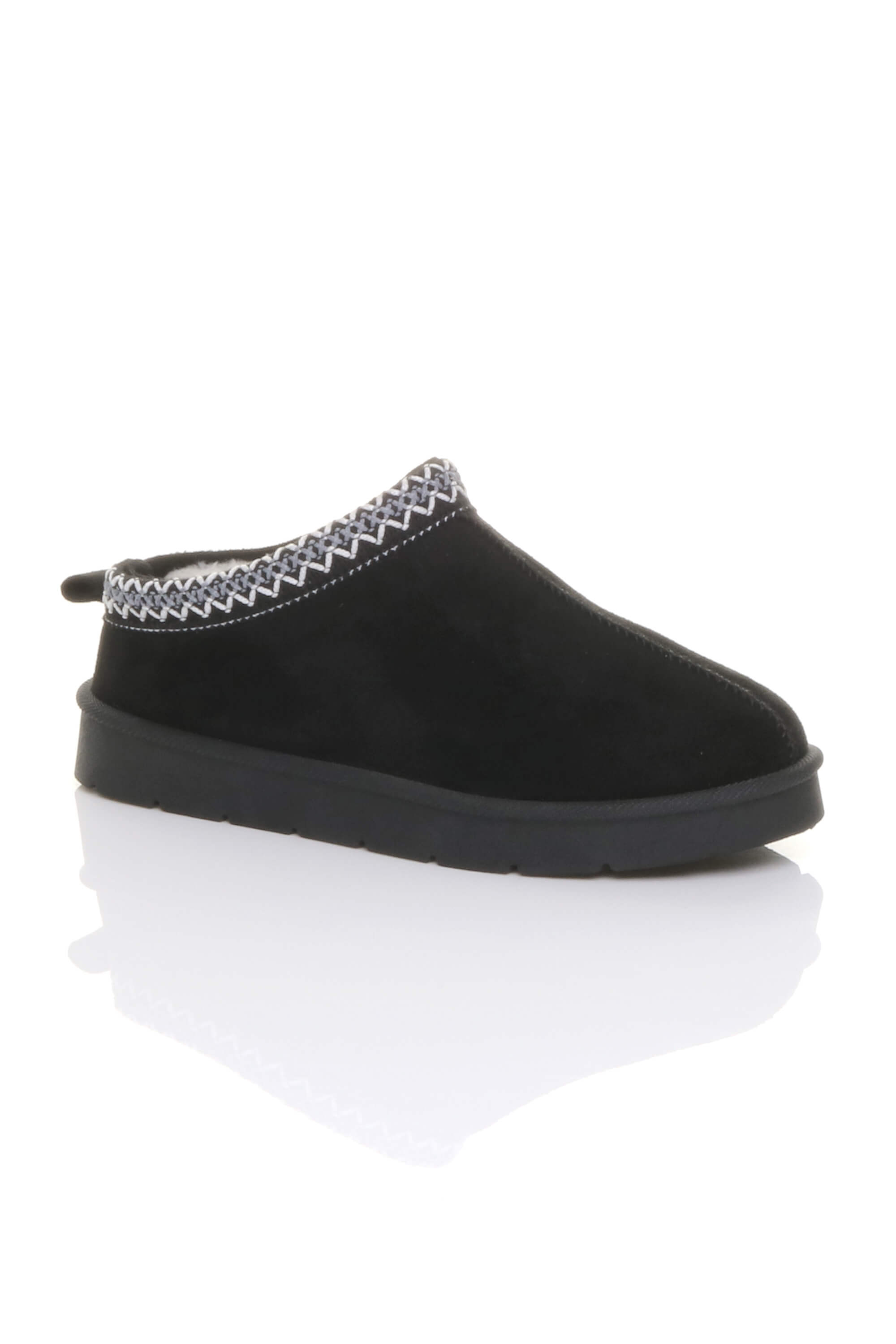 Black Faux Fur Lined Comfy Aztec Embroidered Ultra Mini Booties Slippers, Image 5 of 6