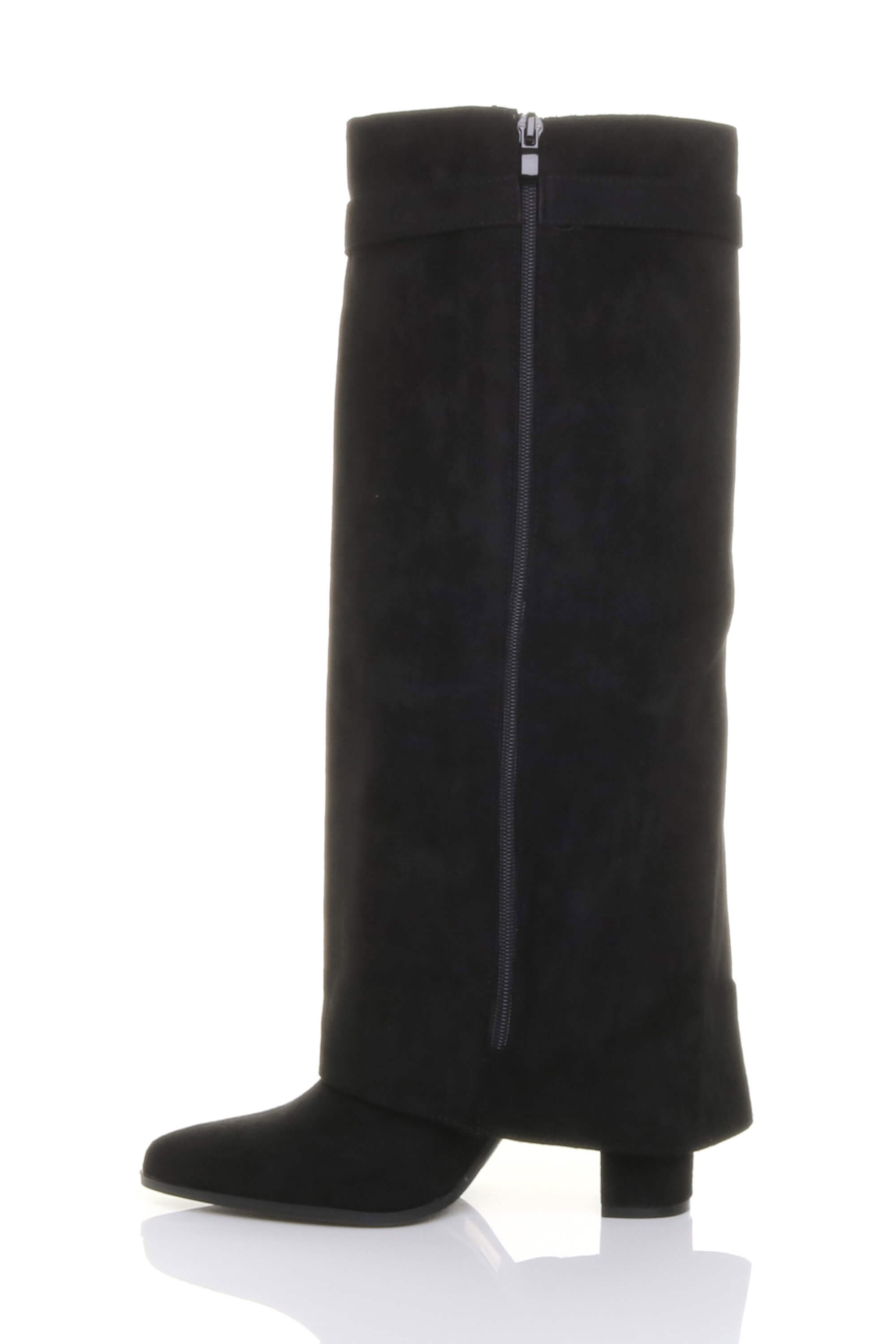 Black AJVANI Black High Block Heel Pointed Toe Fold Over Knee Boots, Image 3 of 4