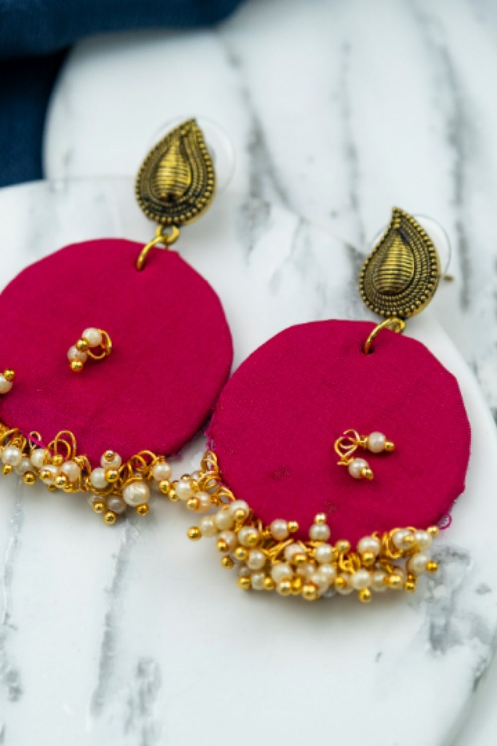 Pink Fabric Poth Earrings, Pearl, Image 2 of 2