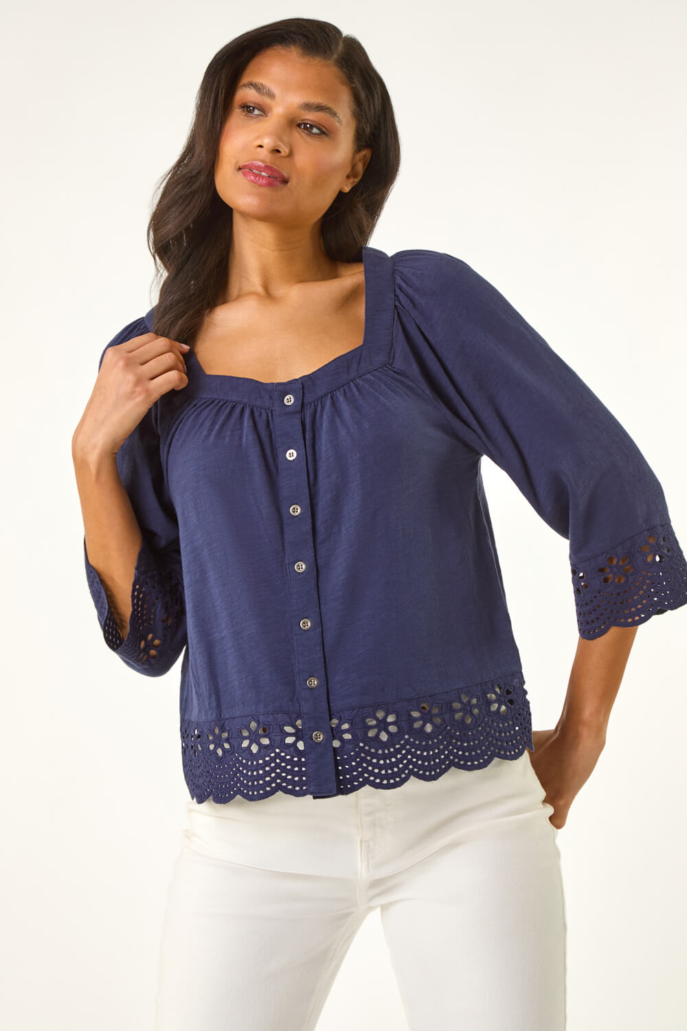 Navy Button Up Broderie Stretch Blouse, Image 5 of 5