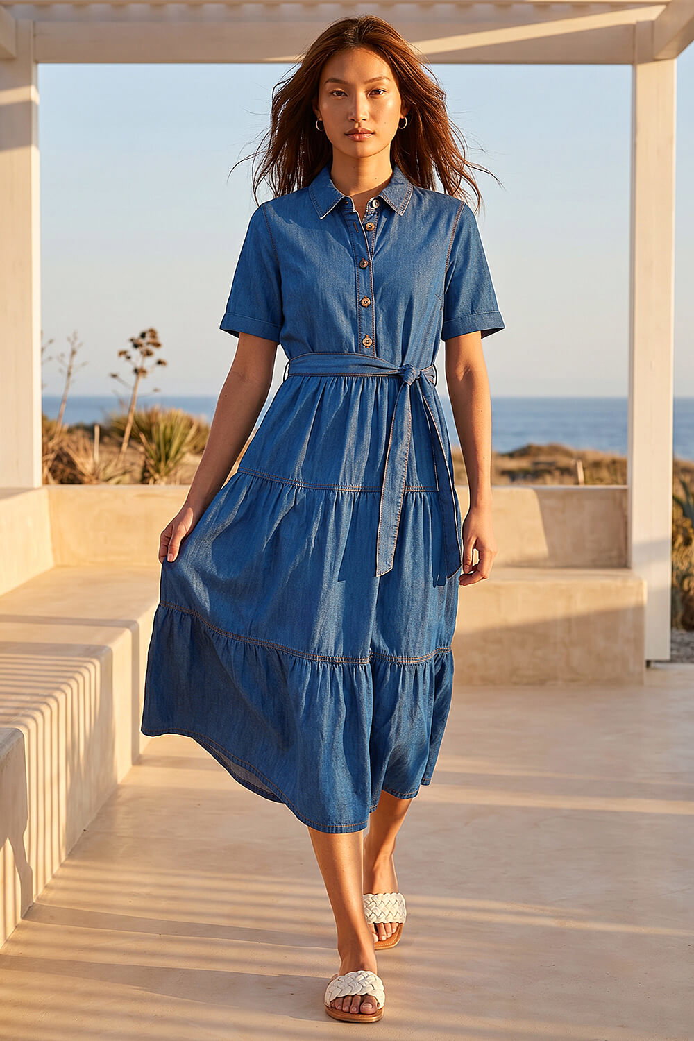 Denim Button Detail Tiered Midi Dress, Image 1 of 4