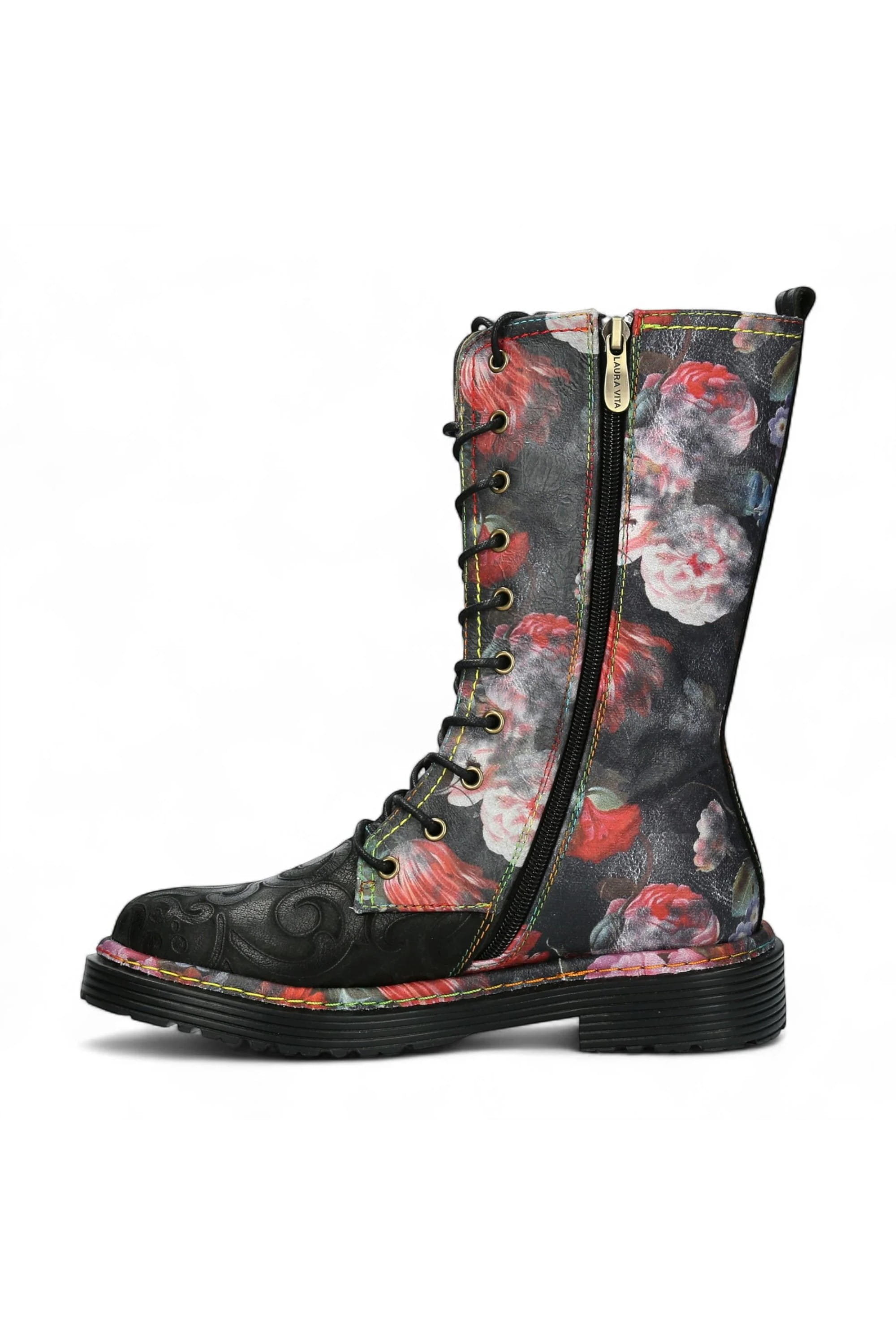Black Womens Leather Gothic High Boots -INCASO, Image 4 of 7
