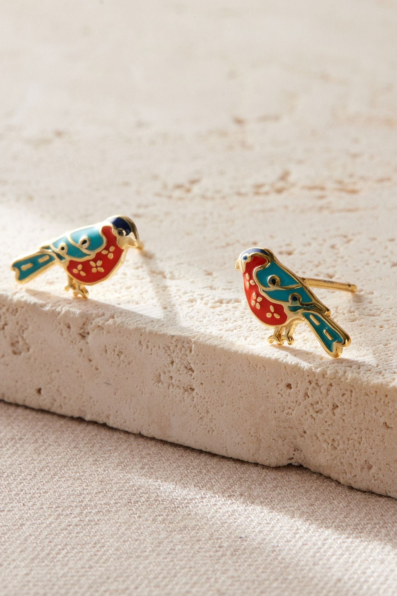 Gold Bullfinch Birds S925 Sterling Silver Stud Earrings, Image 2 of 2