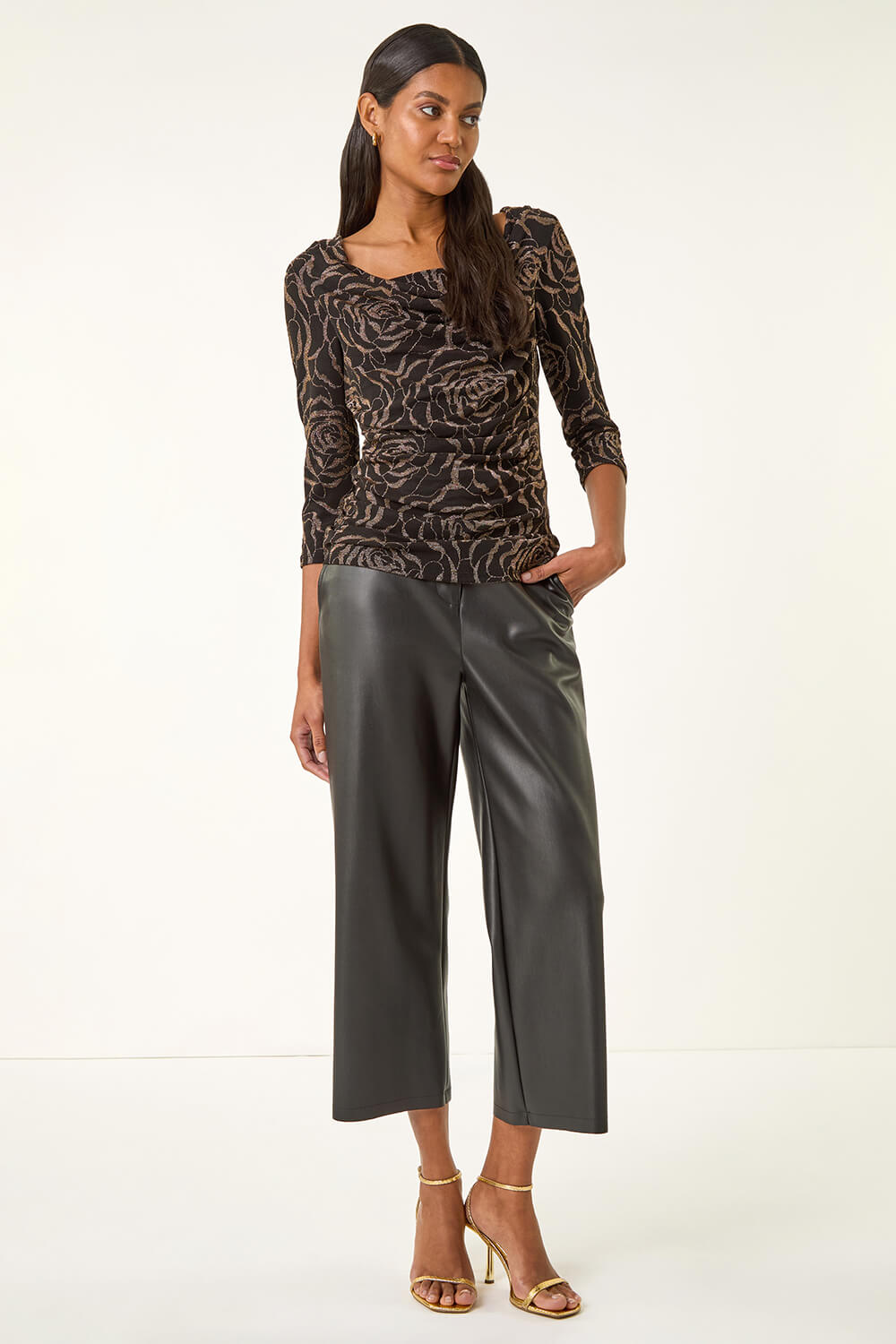 Bronze Jacquard Cowl Neck Stretch Top, Image 3 of 5