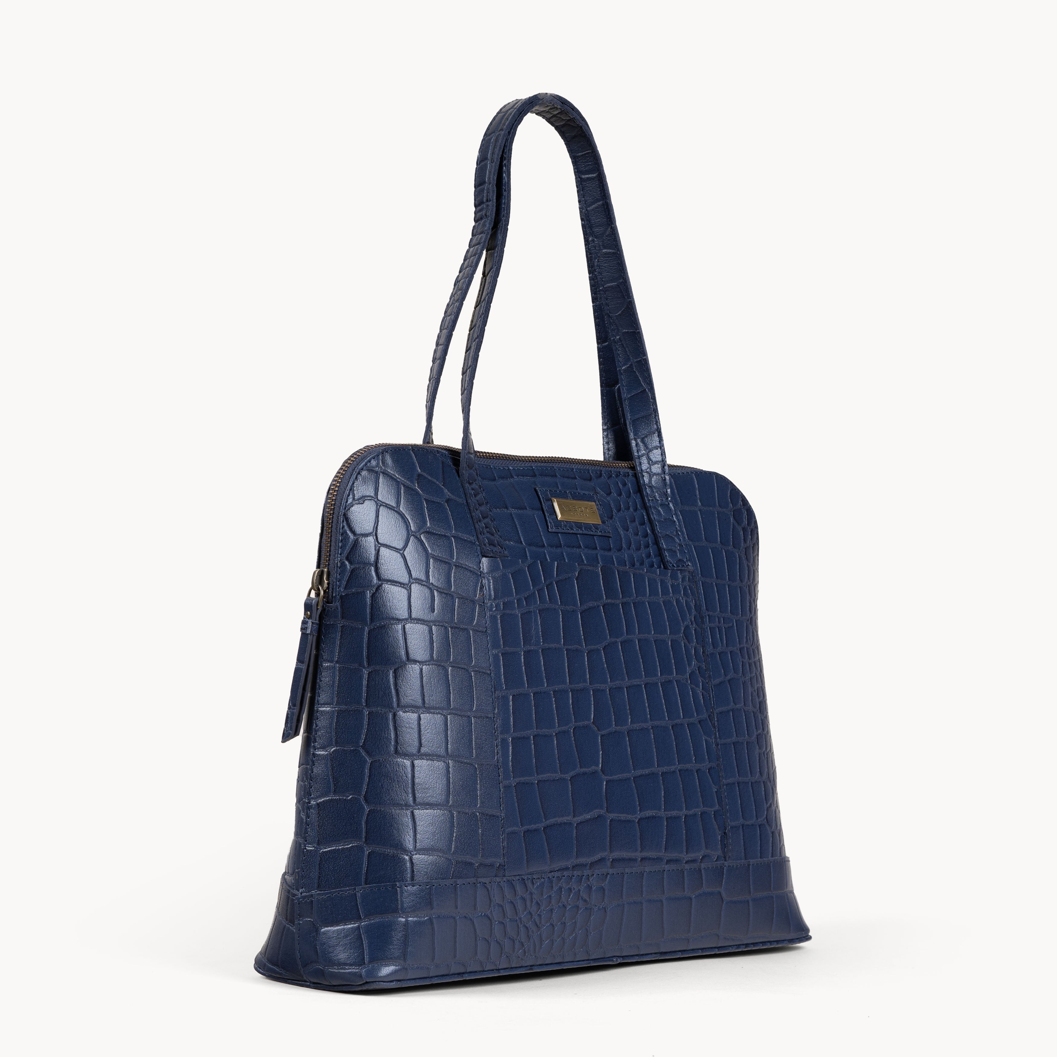 Navy 'EVA' Croc Embossed Real Leather Designer Unlined Tote Bag, Image 2 of 4