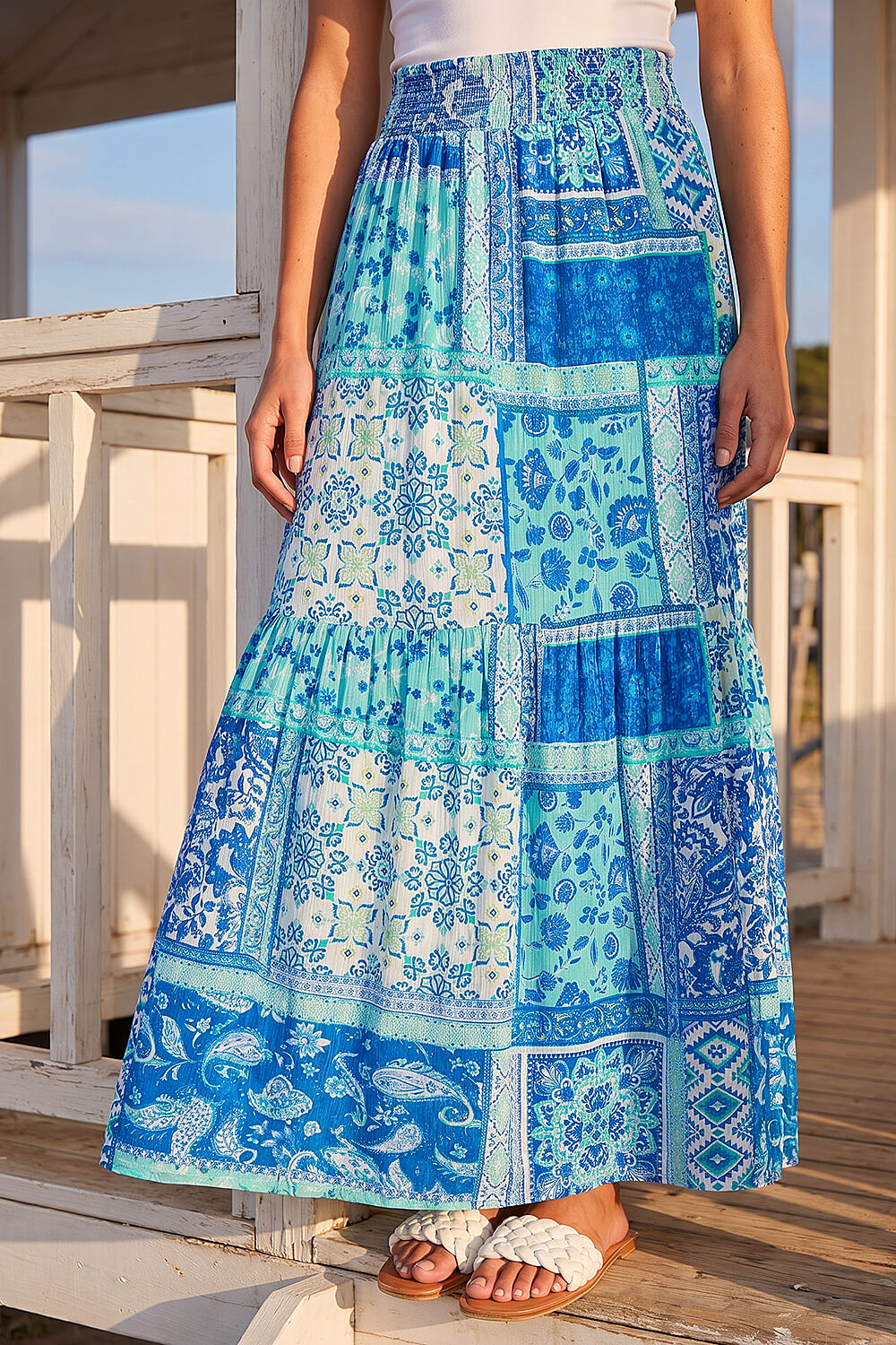 Roman Women's Light Blue Patchwork Shimmer Tiered Maxi Skirt Size 14