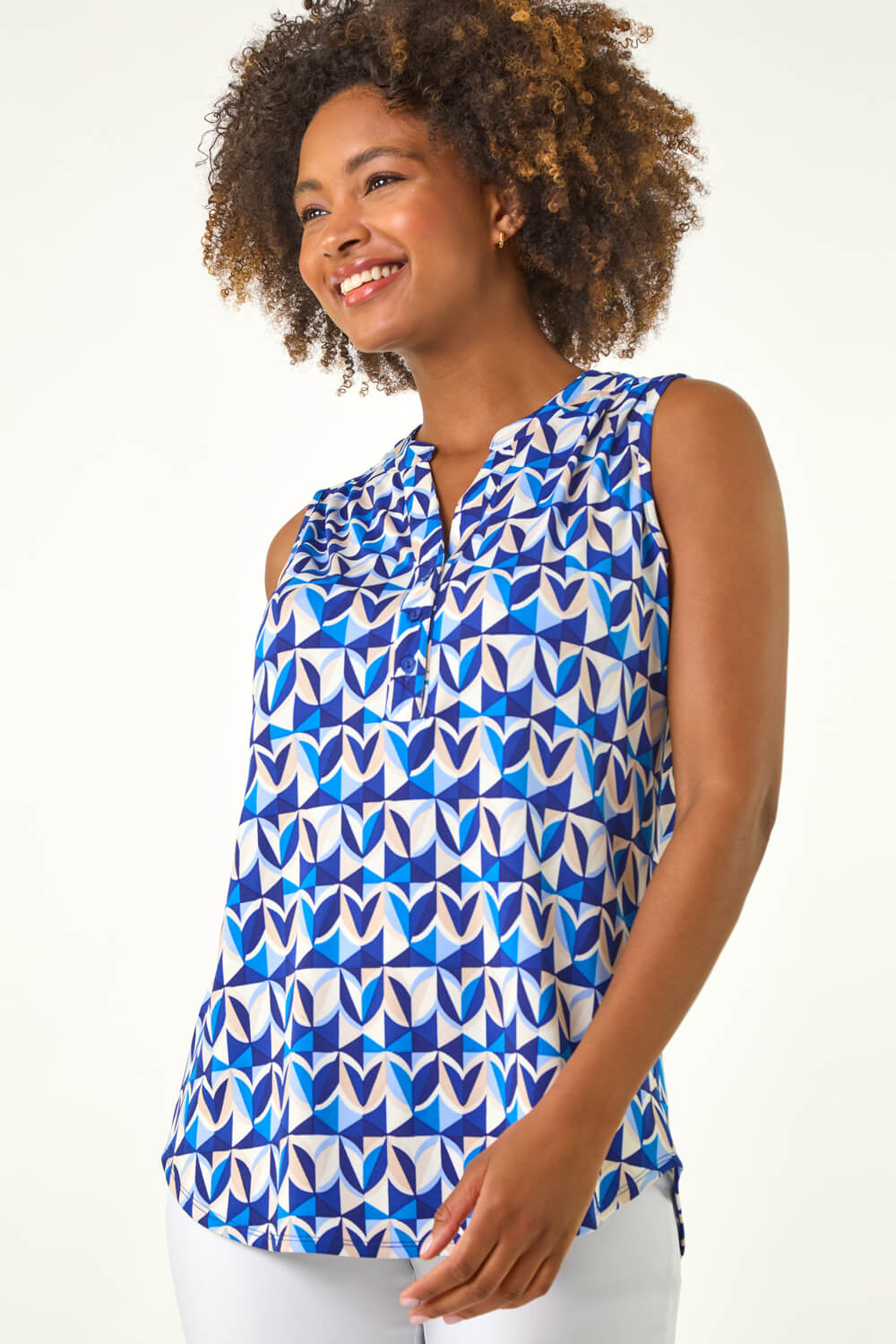 Blue Geometric Gathered Vest Top, Image 5 of 5