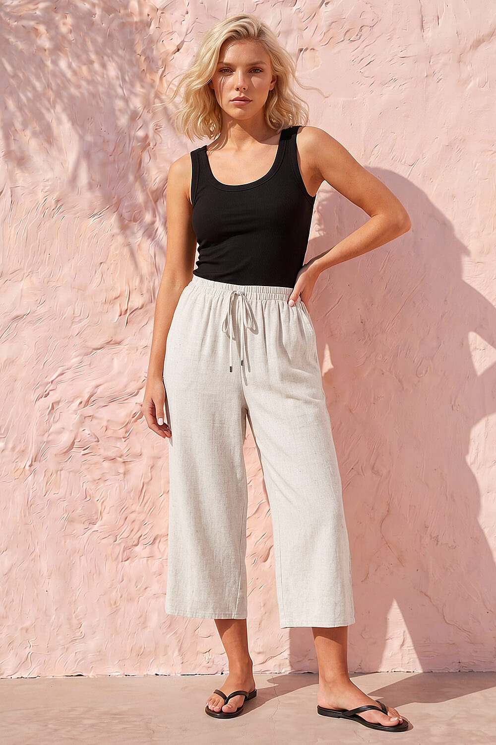 Natural Petite Linen Blend Wide Cropped Trousers, Image 1 of 4