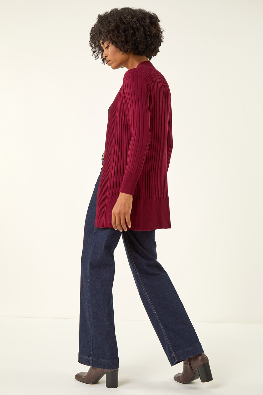 Wine Longline Stretch Ribbed Cardigan, Image 4 of 5