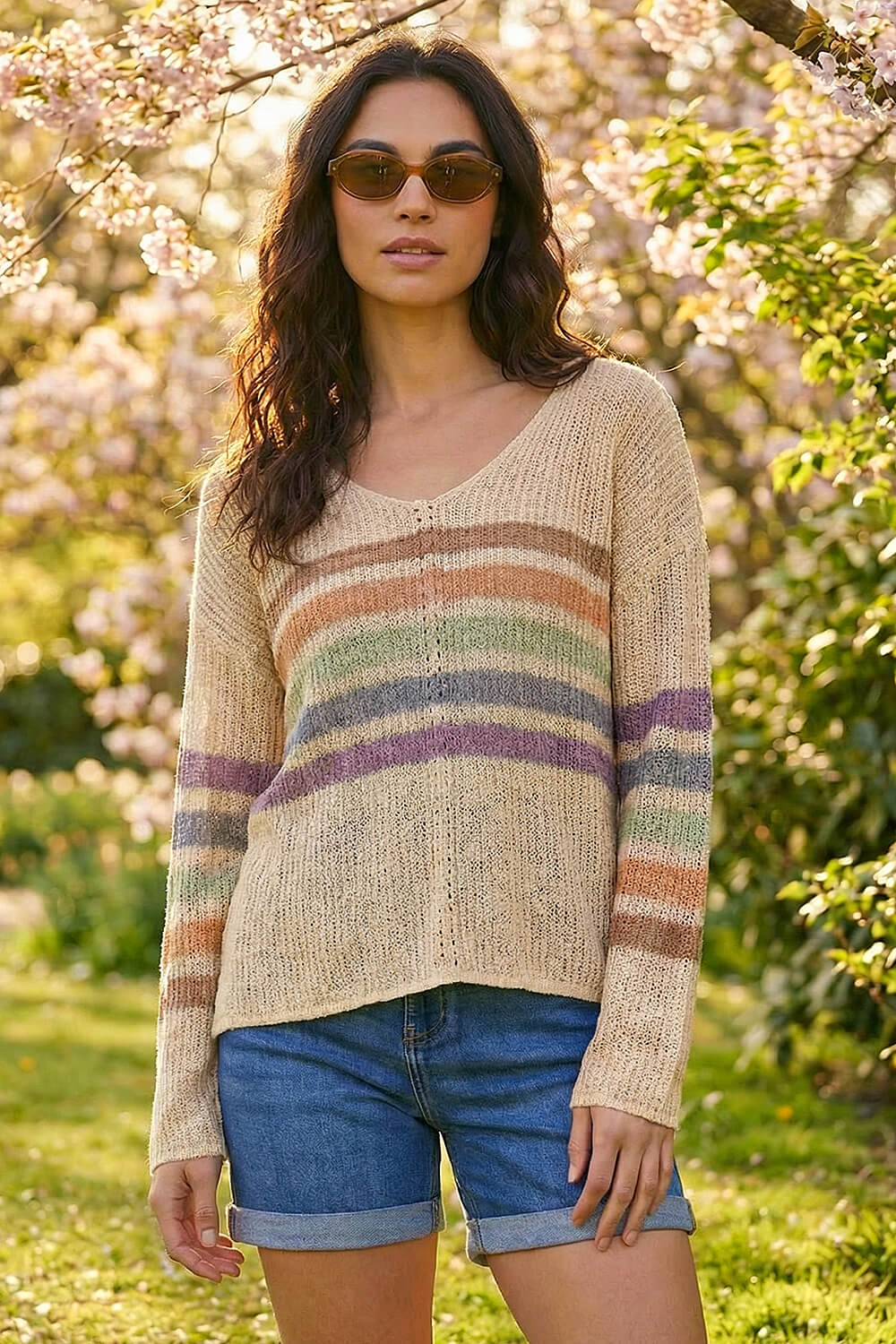 Beige Stripe V-Neck Knit Jumper, Image 3 of 4