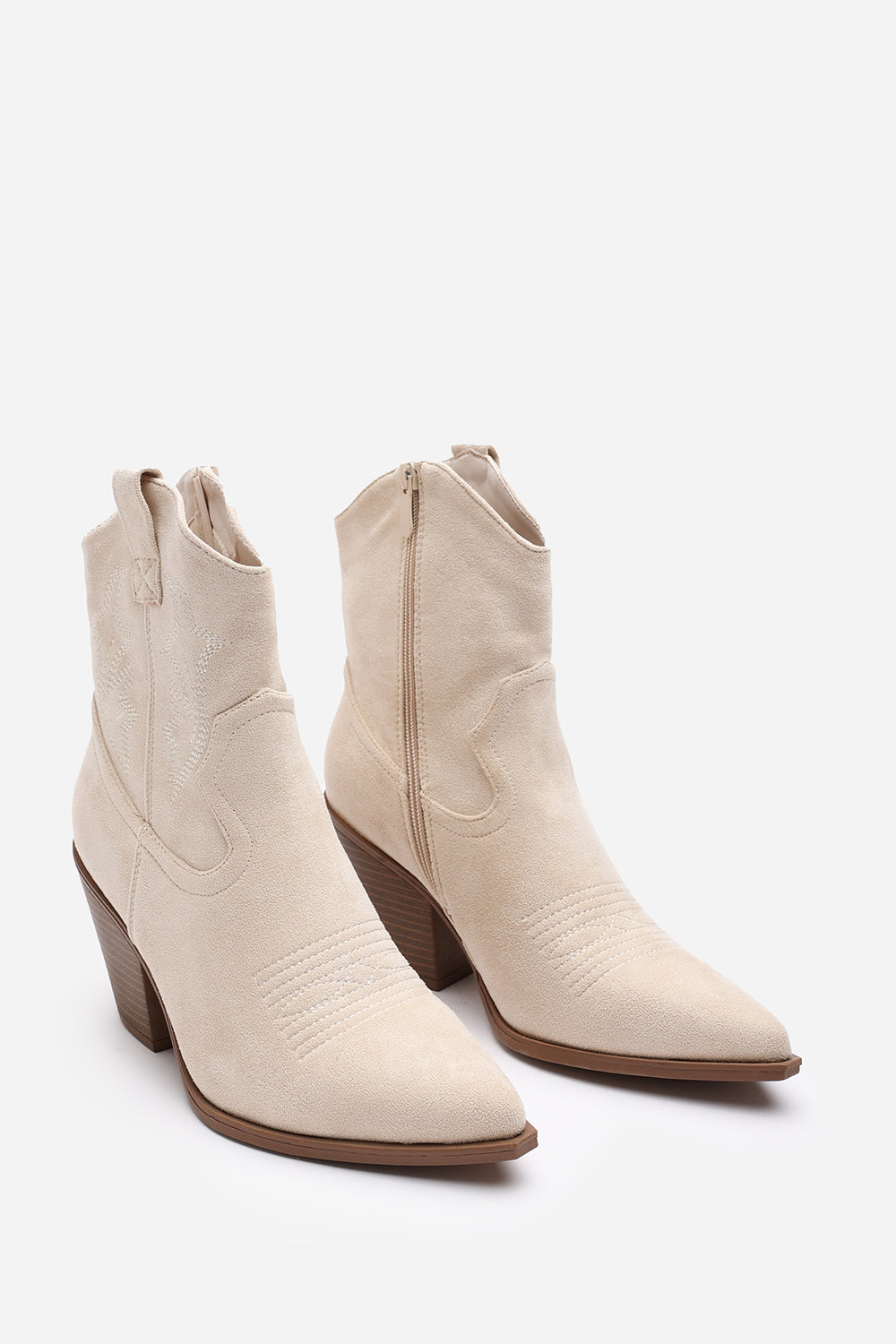 Beige Seraphina Cowboy Ankle Boots Block Heel, Image 3 of 5