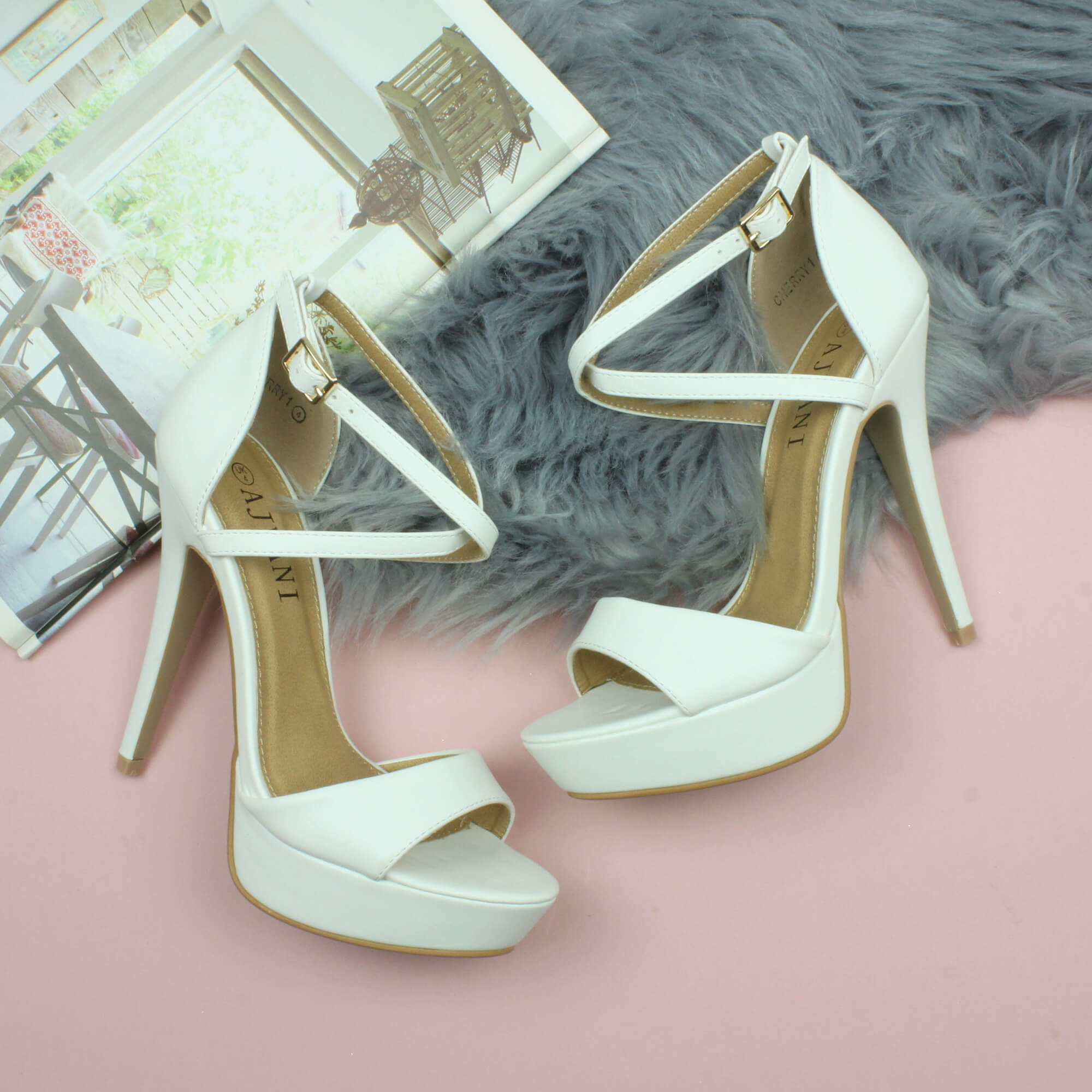 White AJVANI White High Heel Crossed Straps Platform Sandals, Image 4 of 6