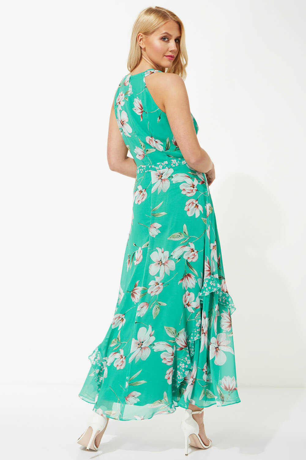 Green Floral Print Frill Maxi Dress , Image 3 of 4