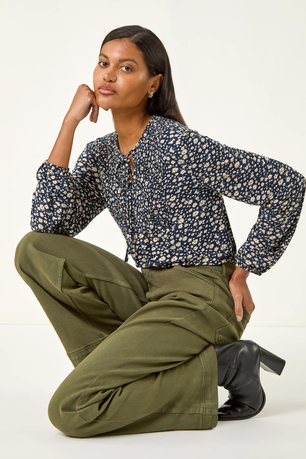 Navy Printed Shirred Tie Neck Top, Image 1 of 5