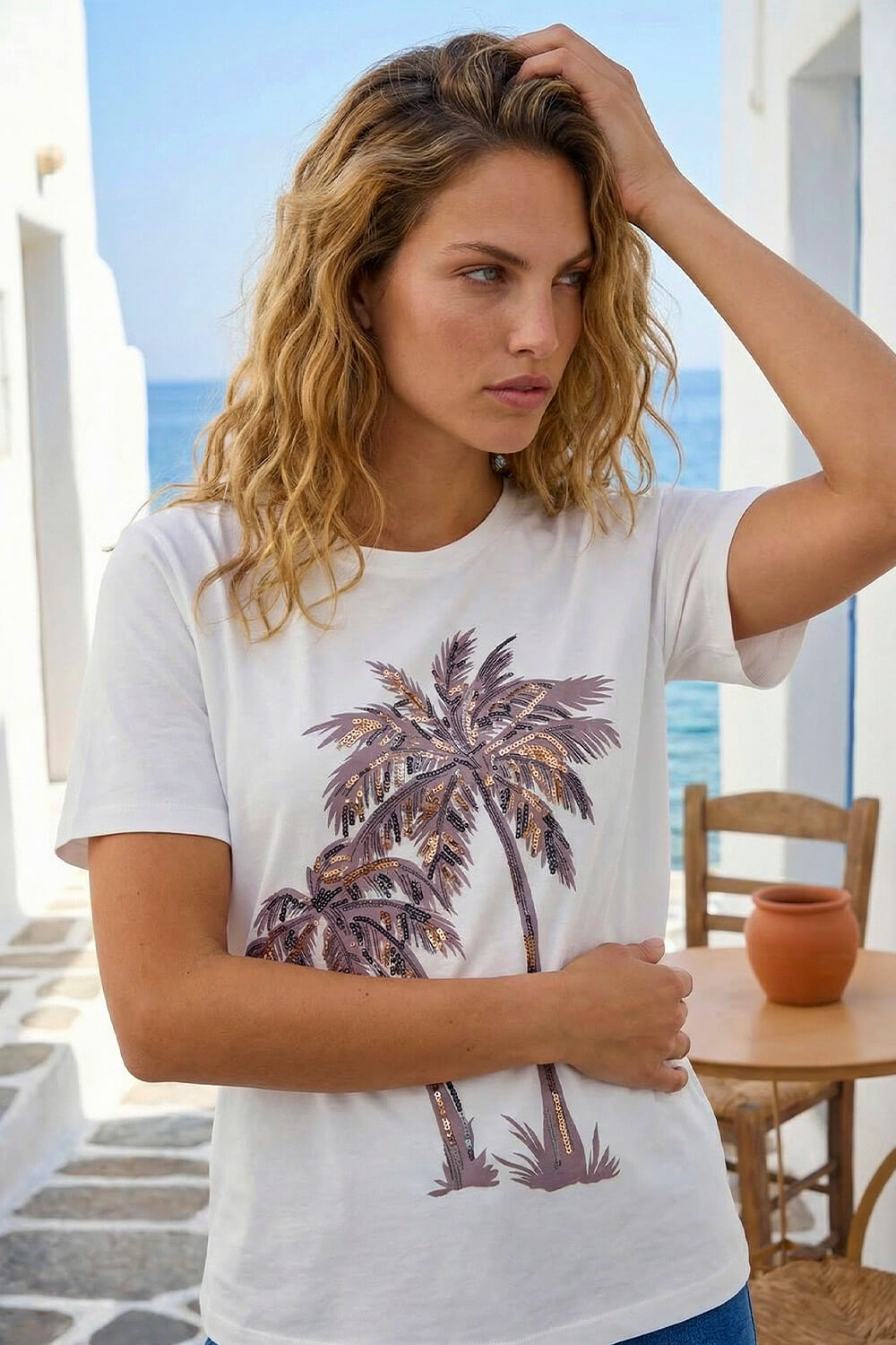Ivory Palm Print Cotton T-Shirt, Image 1 of 4