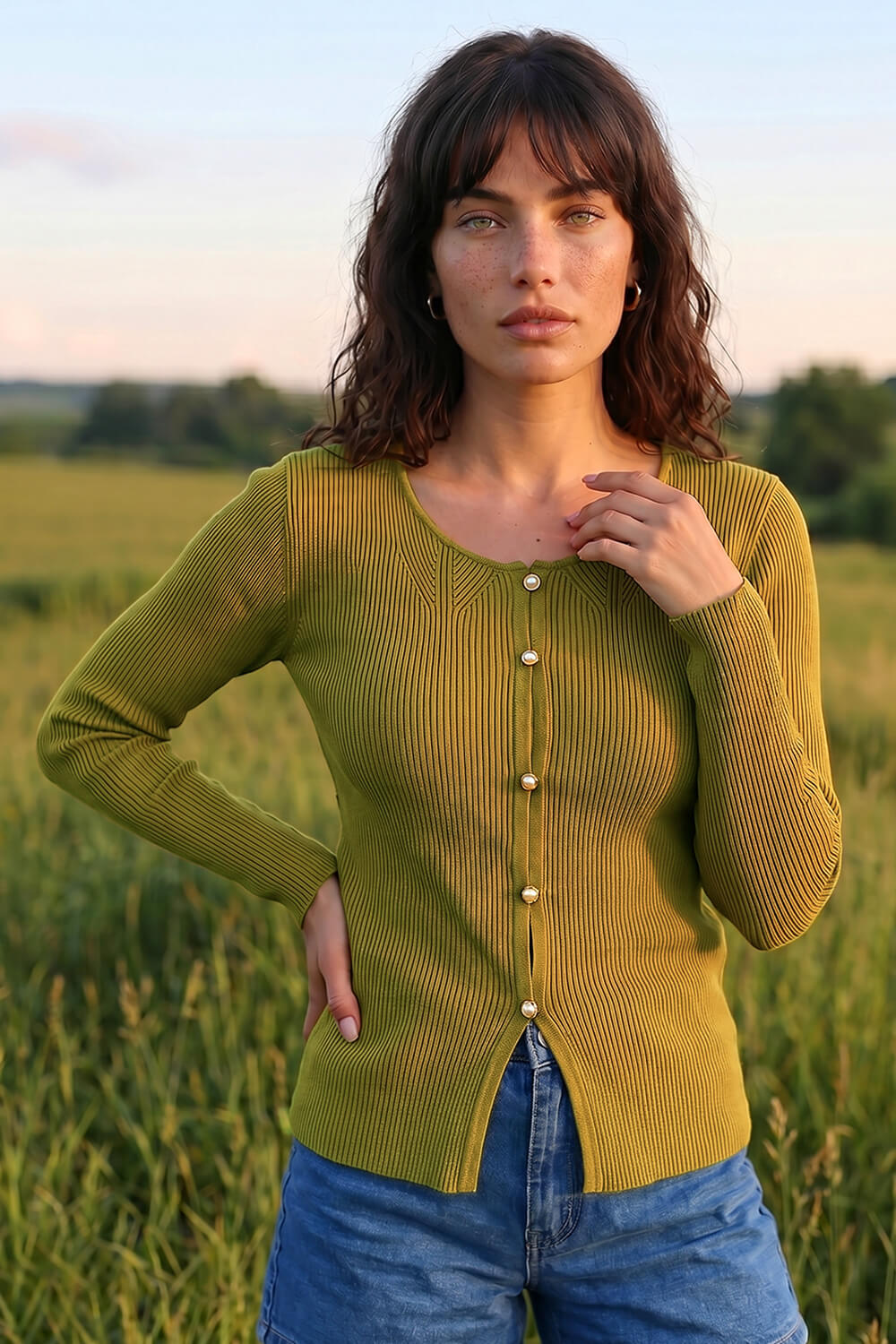 Olive Pearl Ribbed Knit Jumper, Image 1 of 4