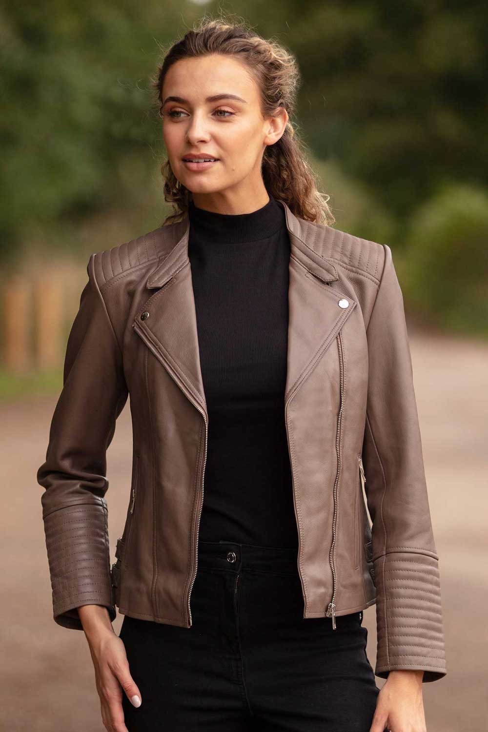 Taupe Ashwood Leather Taupe 'Casey' Real Leather Biker Jacket, Image 1 of 5