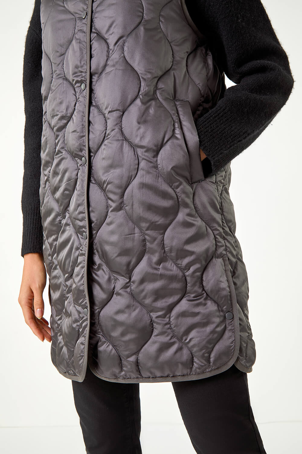 Ash Grey Quilted Collarless Buttoned Gilet, Image 6 of 5