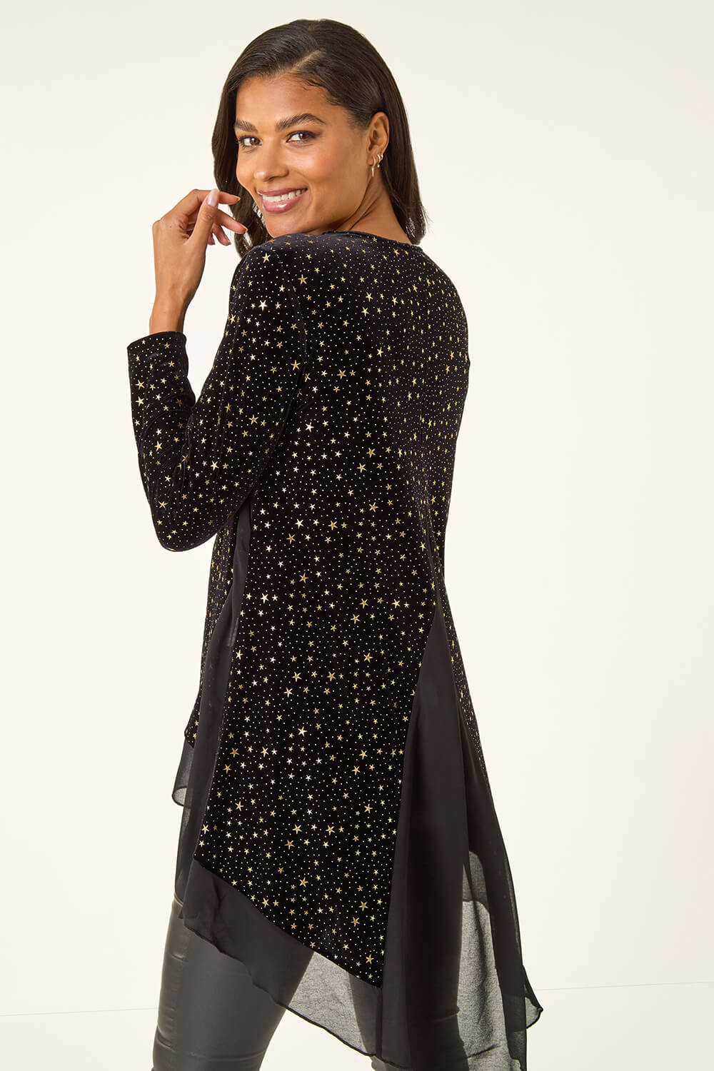 Gold Star Print Velvet Chiffon Hem Top, Image 1 of 5