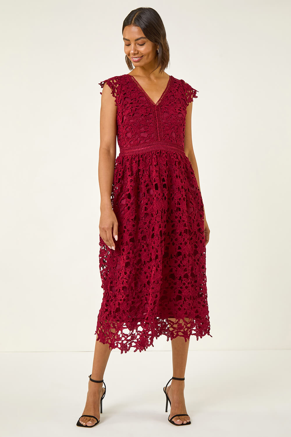Burgundy Premium Crochet Lace Midi Dress, Image 4 of 6
