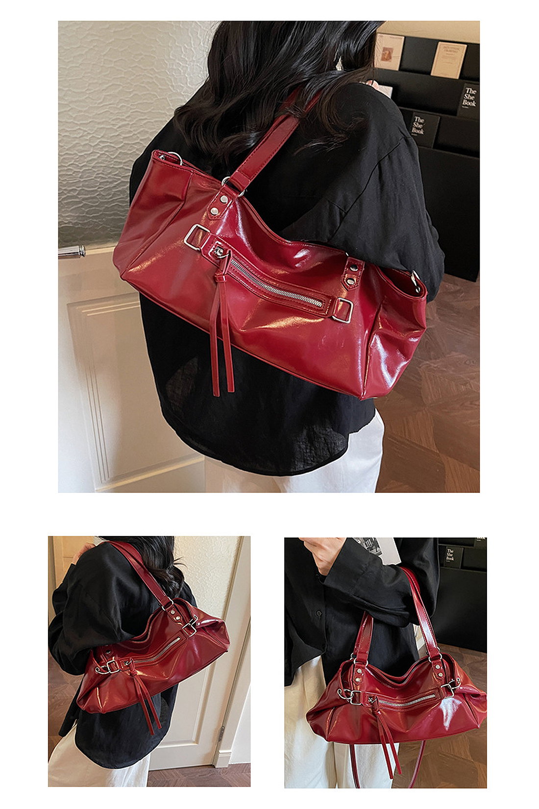 Red Large Tote Bag With Zip And Metal Hardware, Image 5 of 5