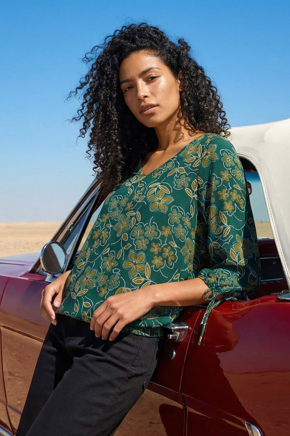 Olive Floral V-Neck Stretch Top, Image 1 of 6