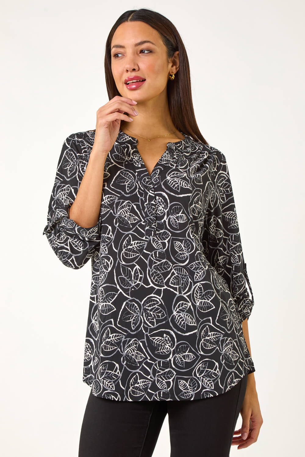 Black Linear Leaf Print Shirt, Image 5 of 5