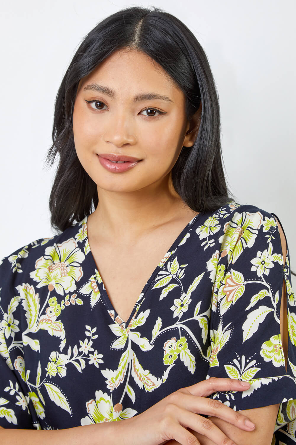 Navy Petite Floral Print Cold Shoulder Top, Image 5 of 5