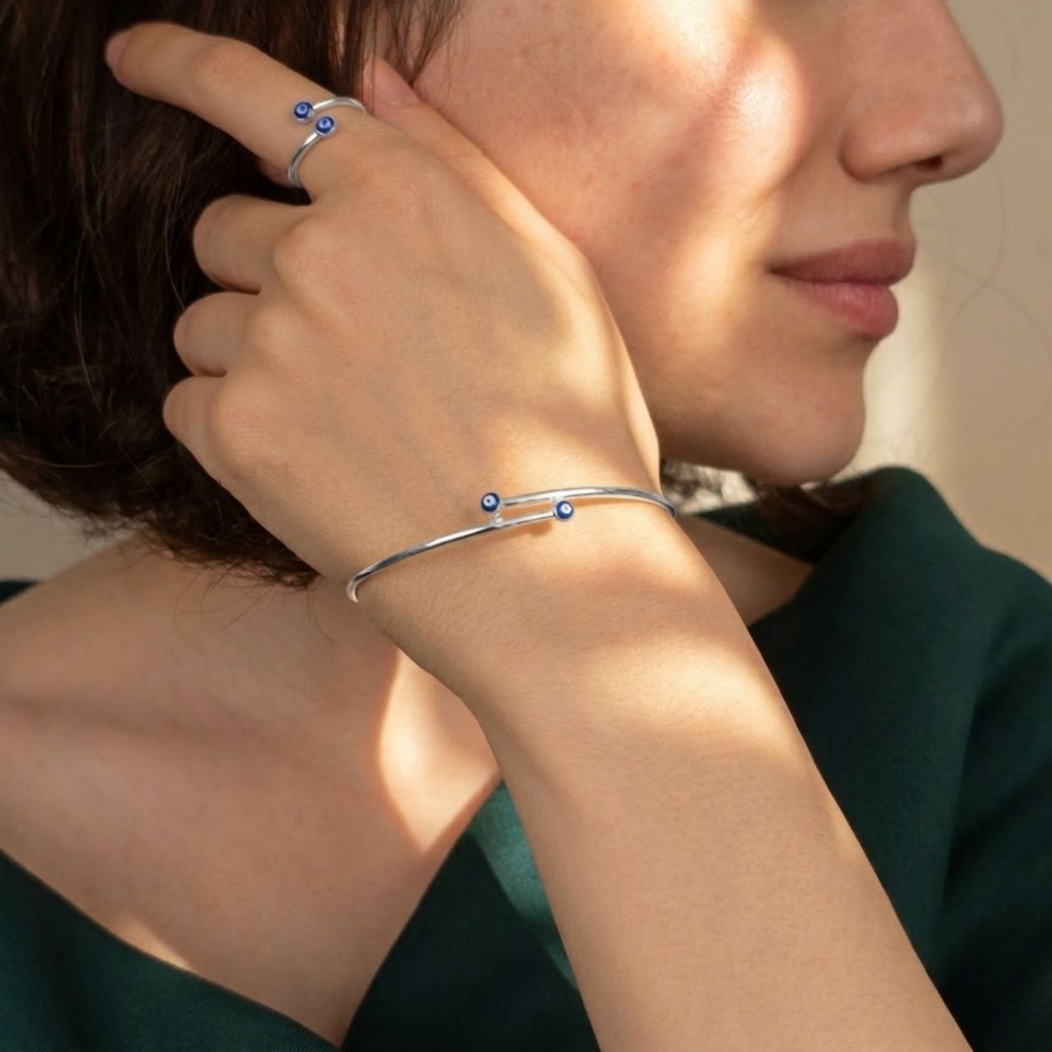 Silver Turkish Blue Evil Eye Minimalist Sterling Silver Bangle, Image 3 of 5