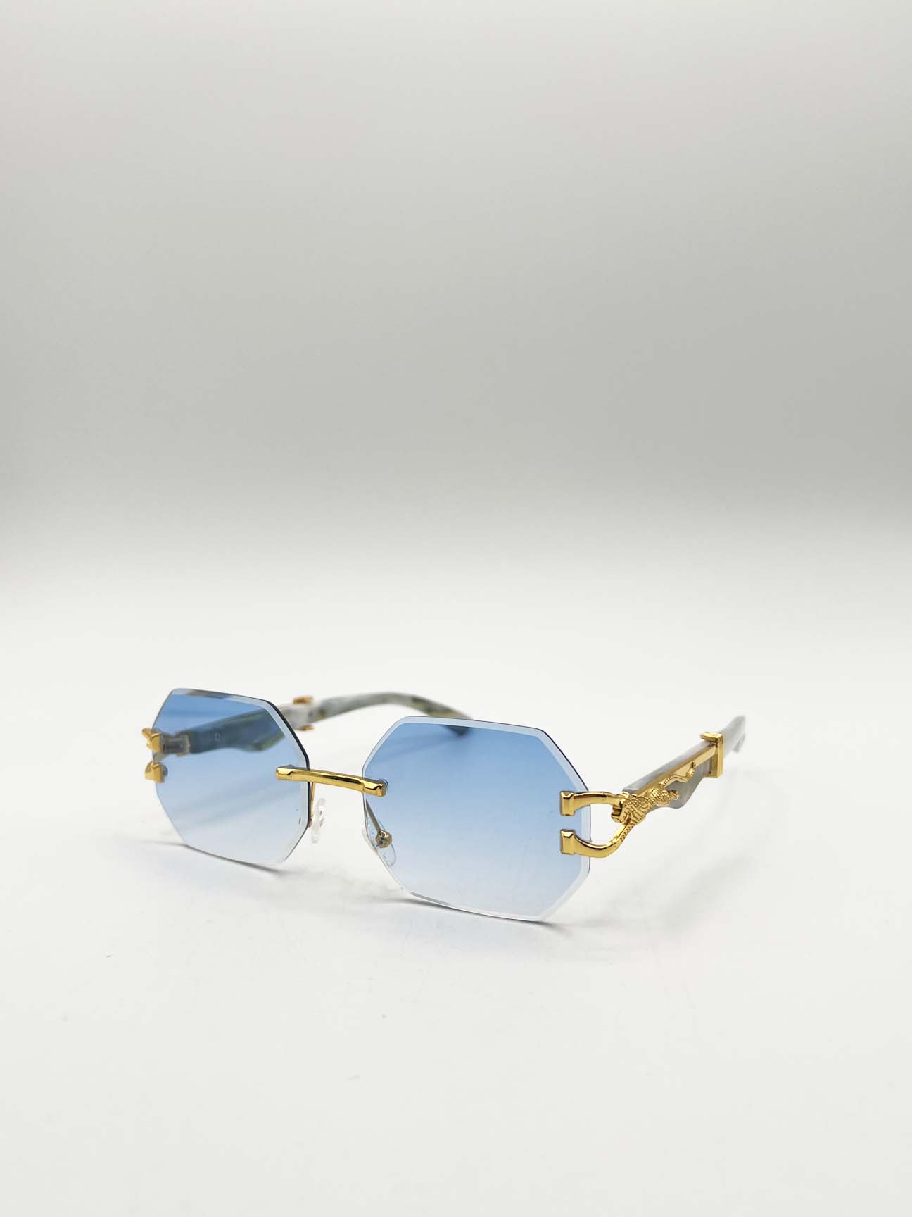 Blue Rimless Oval Geometric Sunglasses, Image 4 of 6