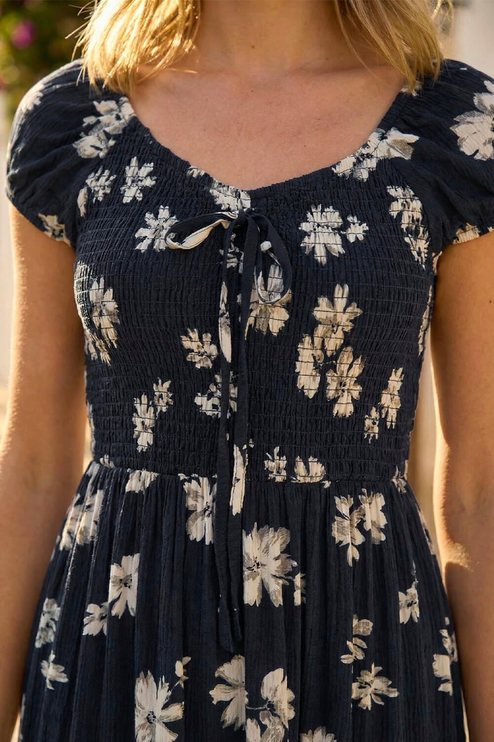Black Shirred Floral Sweetheart Neck Dress, Image 5 of 4