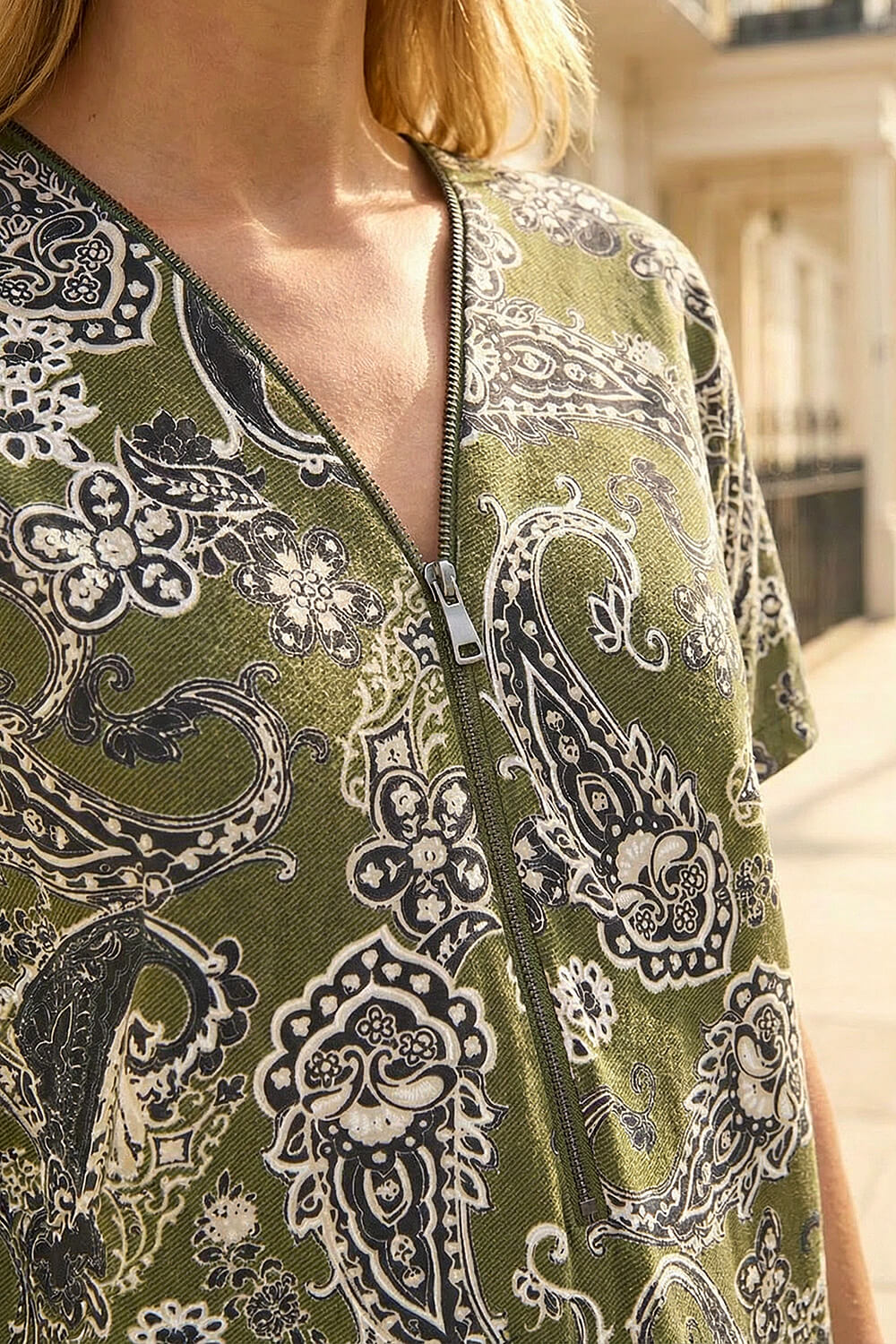 KHAKI Paisley Print Zip Front Top, Image 5 of 4