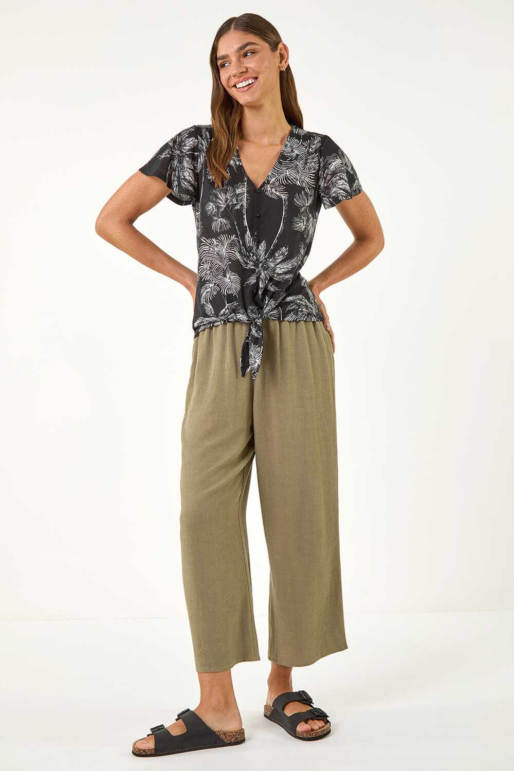 Roman Women's Black Palm Tree Print Tie Front Top Size 12
