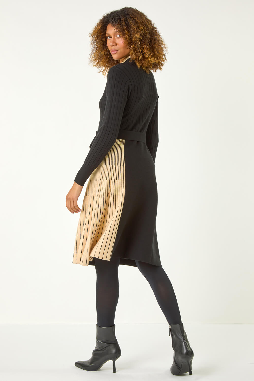 Camel Contrast Panel Belt Knitted Dress, Image 4 of 5