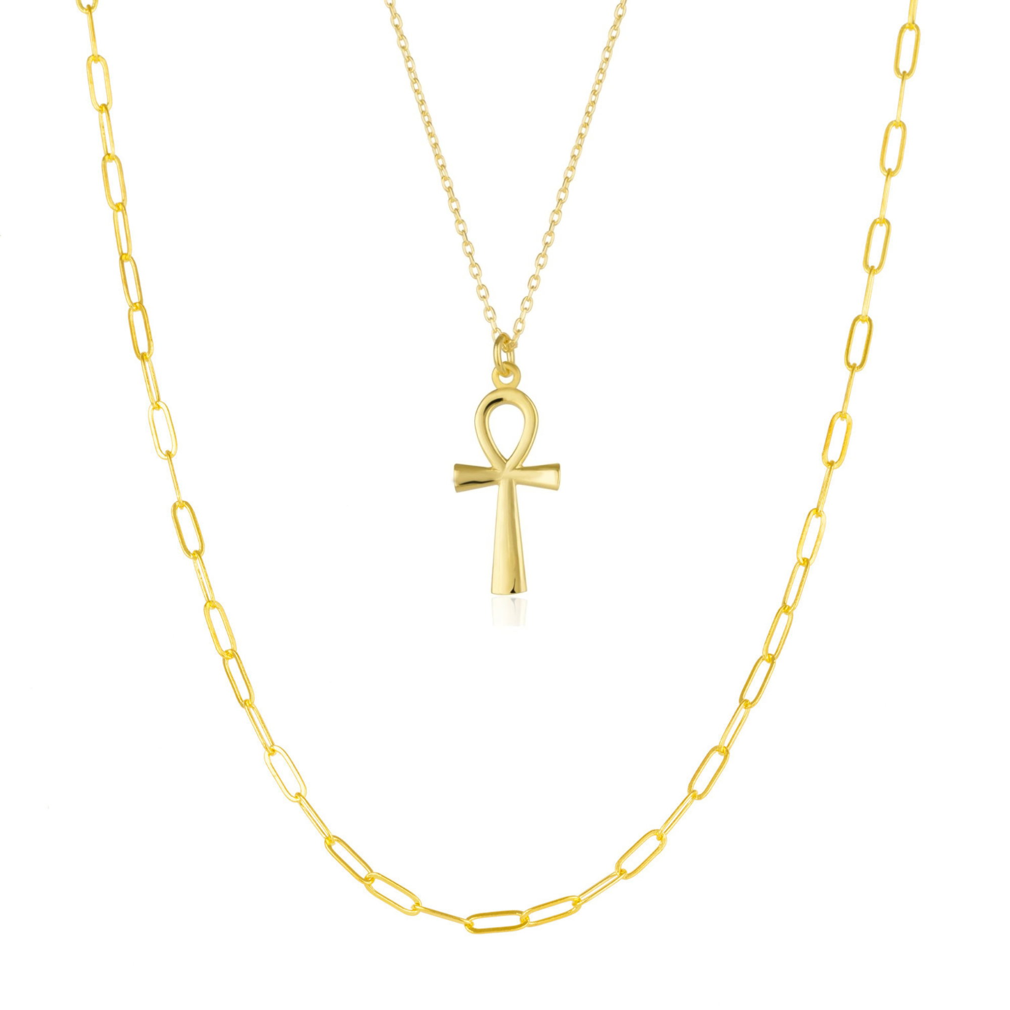 Gold Sterling Silver Egyptian Ankh and Large Rectangular Chain Stacking Necklace Set, Image 1 of 5