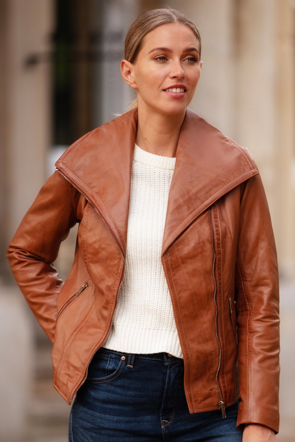 Tan Ashwood Leather Tan 'Isabella' Real Leather Wide Collar Biker Jacket, Image 1 of 5