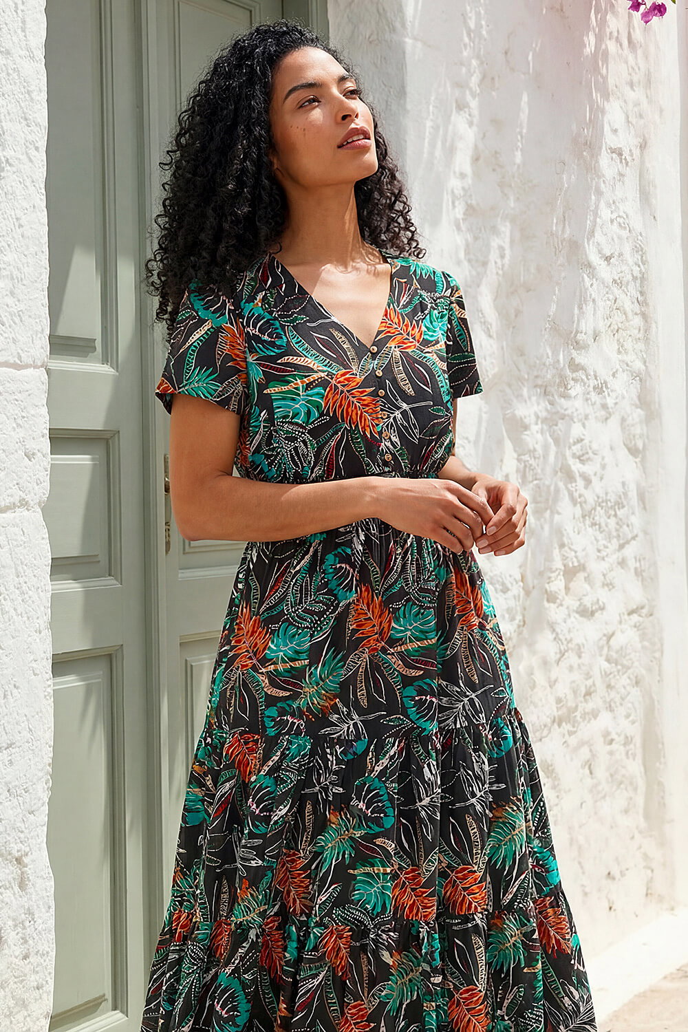 Black Leaf Print V-Neck Tiered Midi Dress , Image 4 of 4