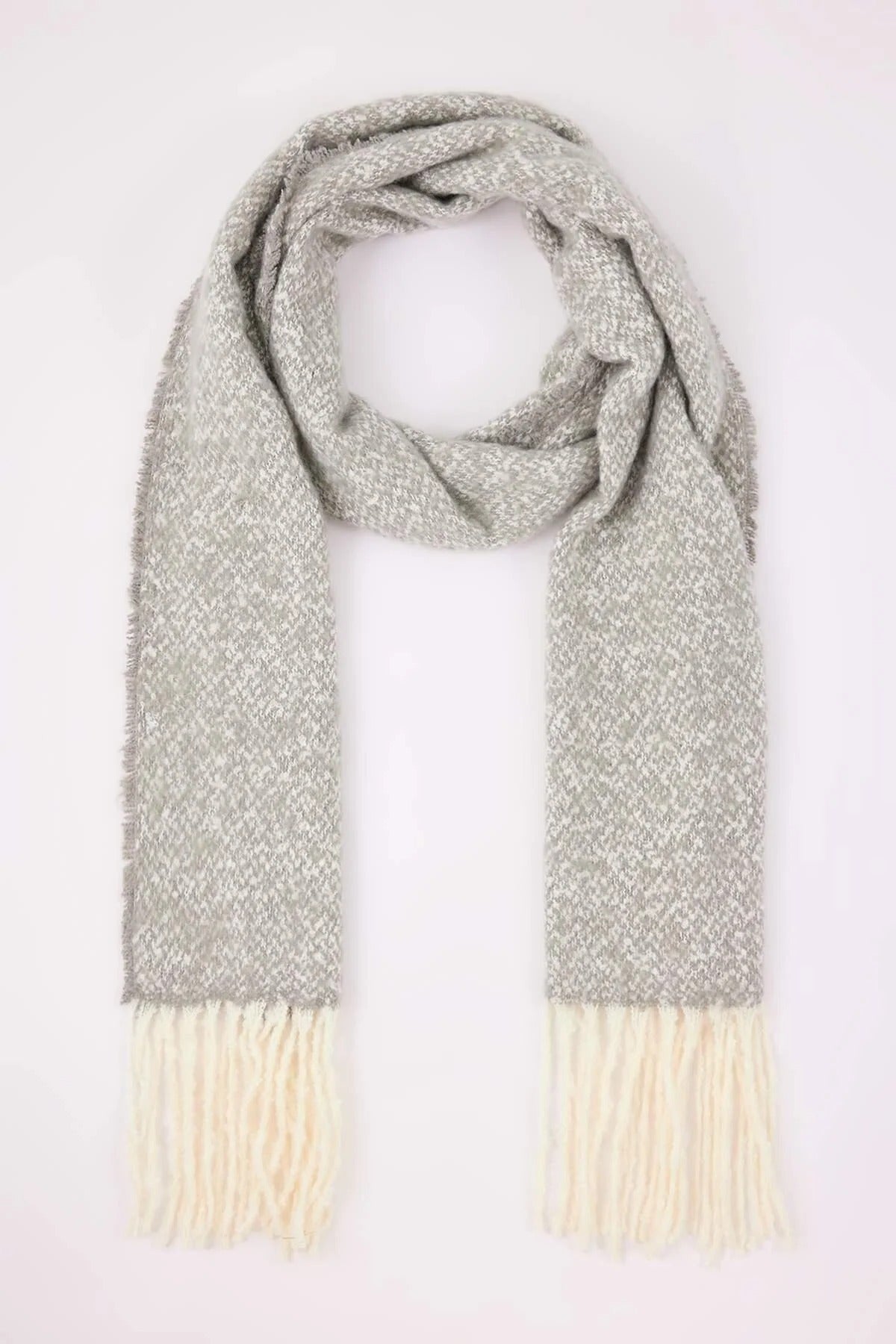 Grey Contrast Tassel Marled Boucle Oversized Winter Scarf, Image 1 of 2