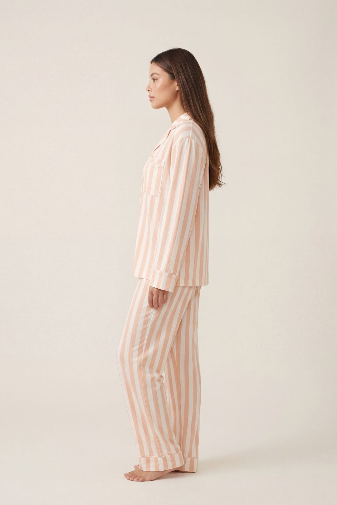 Salmon The Night Store Salmon Stripe Modal Pyjama Trouser Set, Image 2 of 4